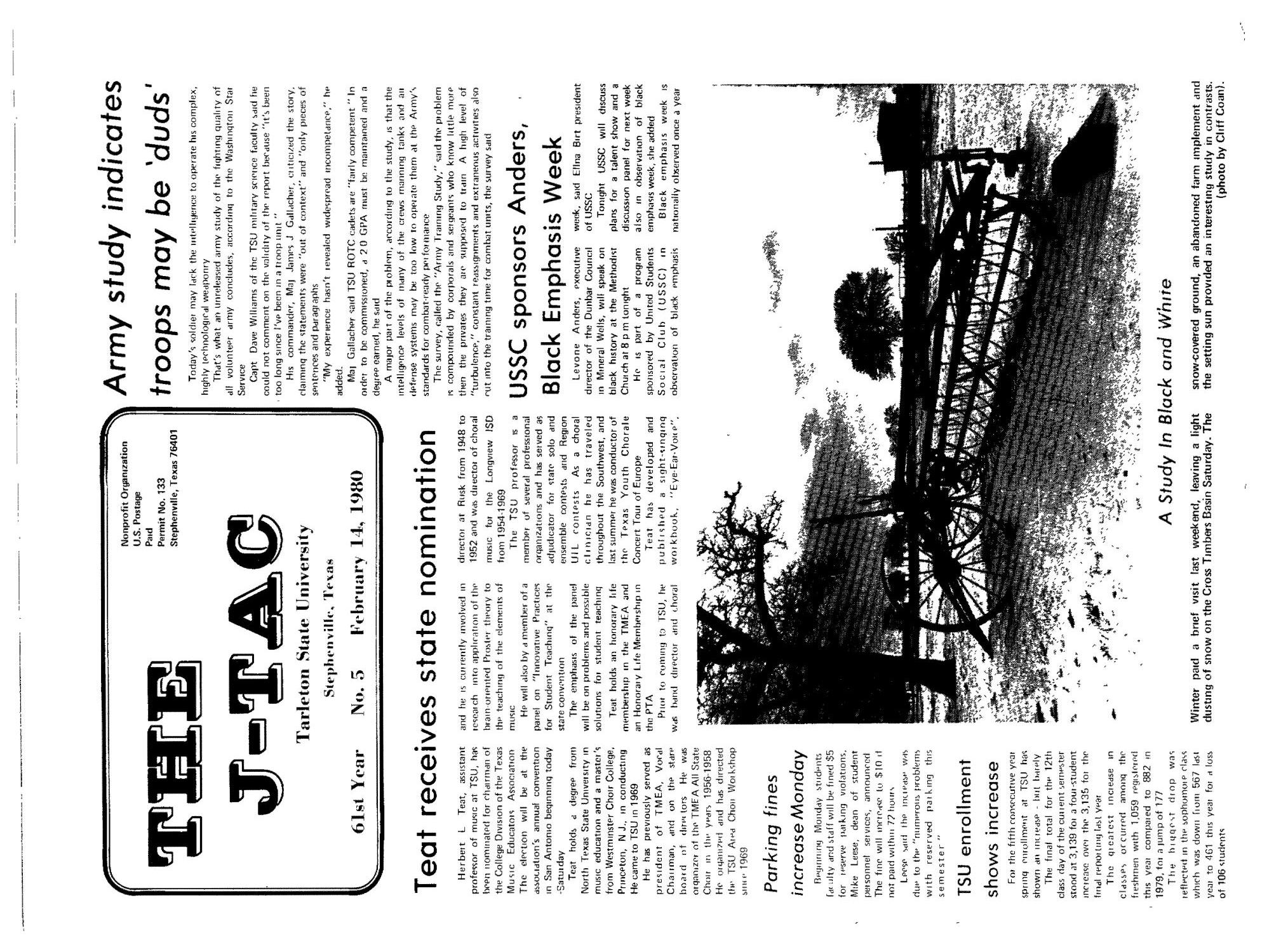 The J-TAC (Stephenville, Tex.), Vol. 61, No. 5, Ed. 1 Thursday, February 14, 1980
                                                
                                                    [Sequence #]: 1 of 12
                                                