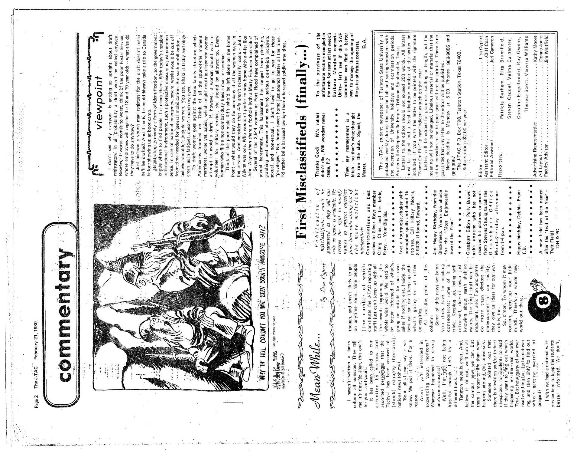 The J-TAC (Stephenville, Tex.), Vol. 61, No. 6, Ed. 1 Thursday, February 21, 1980
                                                
                                                    [Sequence #]: 2 of 12
                                                