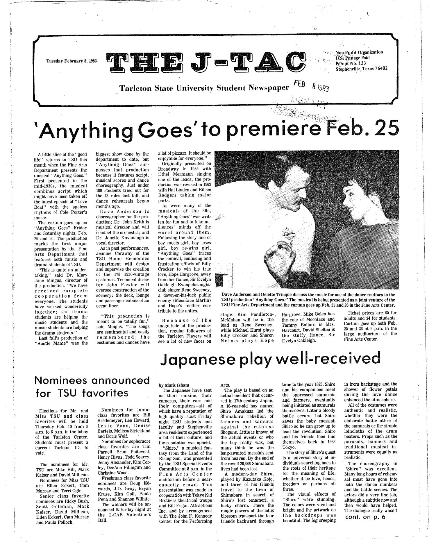 The J-TAC (Stephenville, Tex.), Ed. 1 Tuesday, February 8, 1983
                                                
                                                    [Sequence #]: 1 of 8
                                                