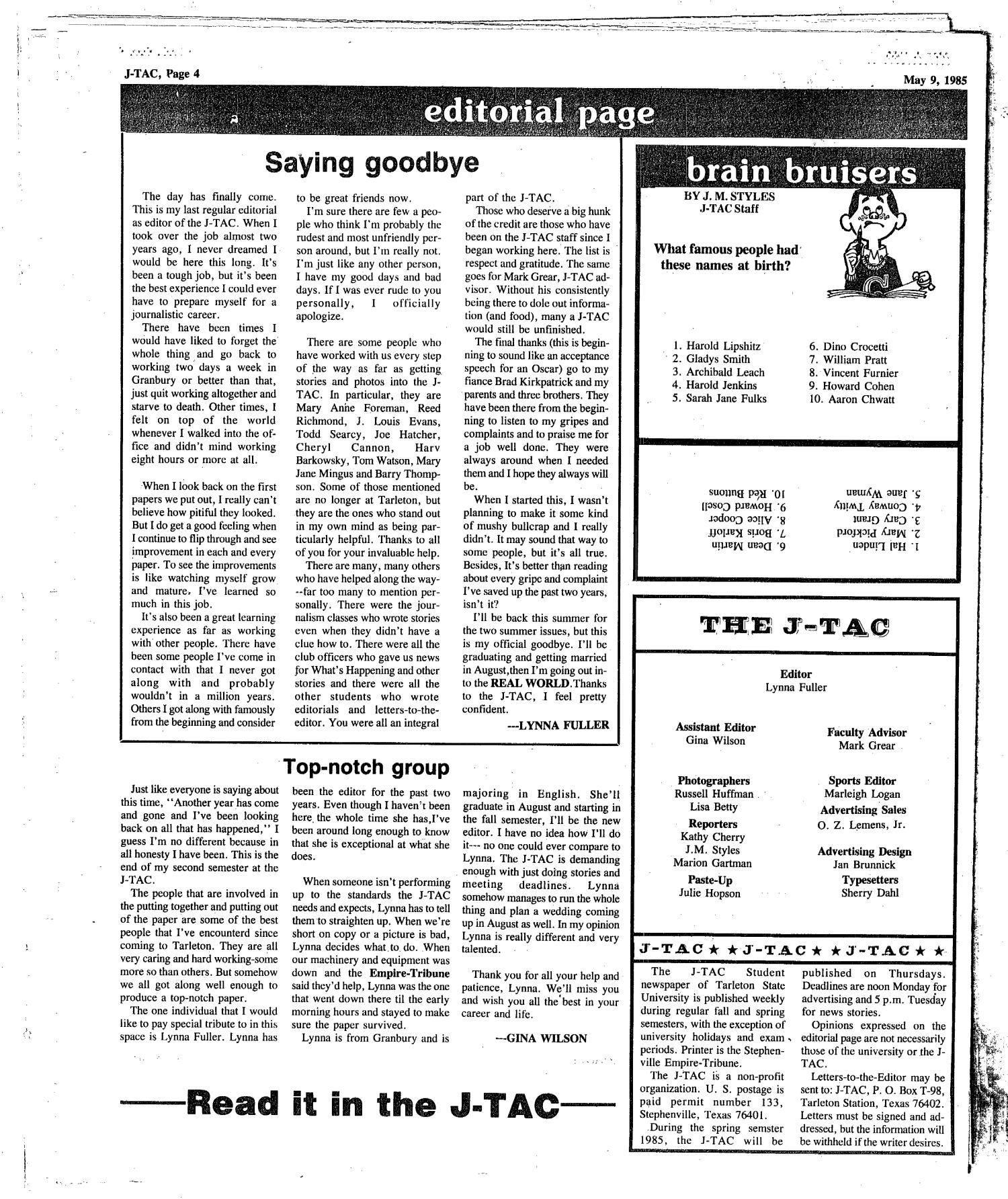 The J-TAC (Stephenville, Tex.), Ed. 1 Thursday, May 9, 1985
                                                
                                                    [Sequence #]: 4 of 23
                                                