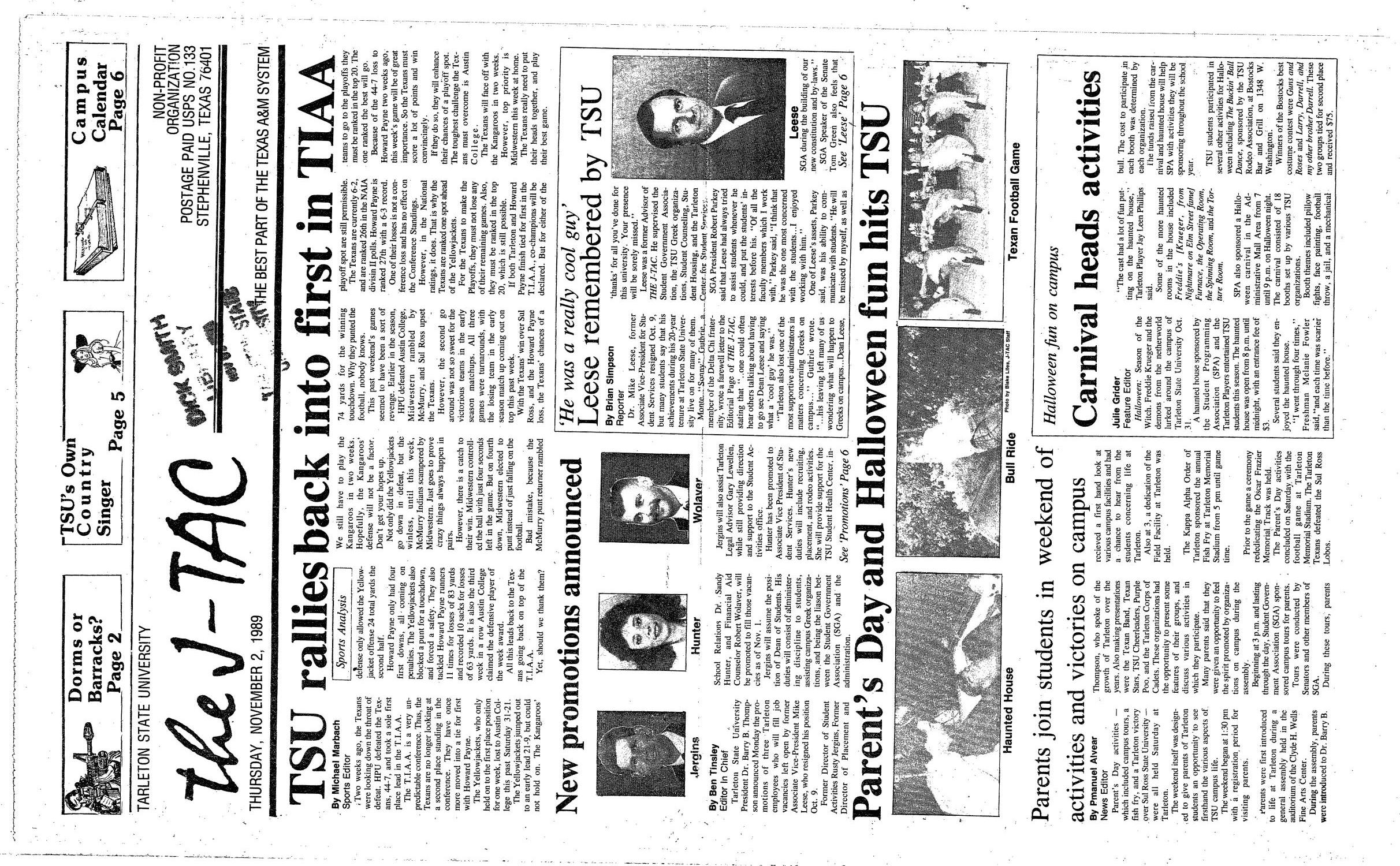 The J-TAC (Stephenville, Tex.), Ed. 1 Thursday, November 2, 1989
                                                
                                                    [Sequence #]: 1 of 4
                                                