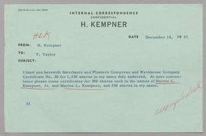 Primary view of object titled '[Message from H. Kempner to T. Taylor, December 18, 1957]'.