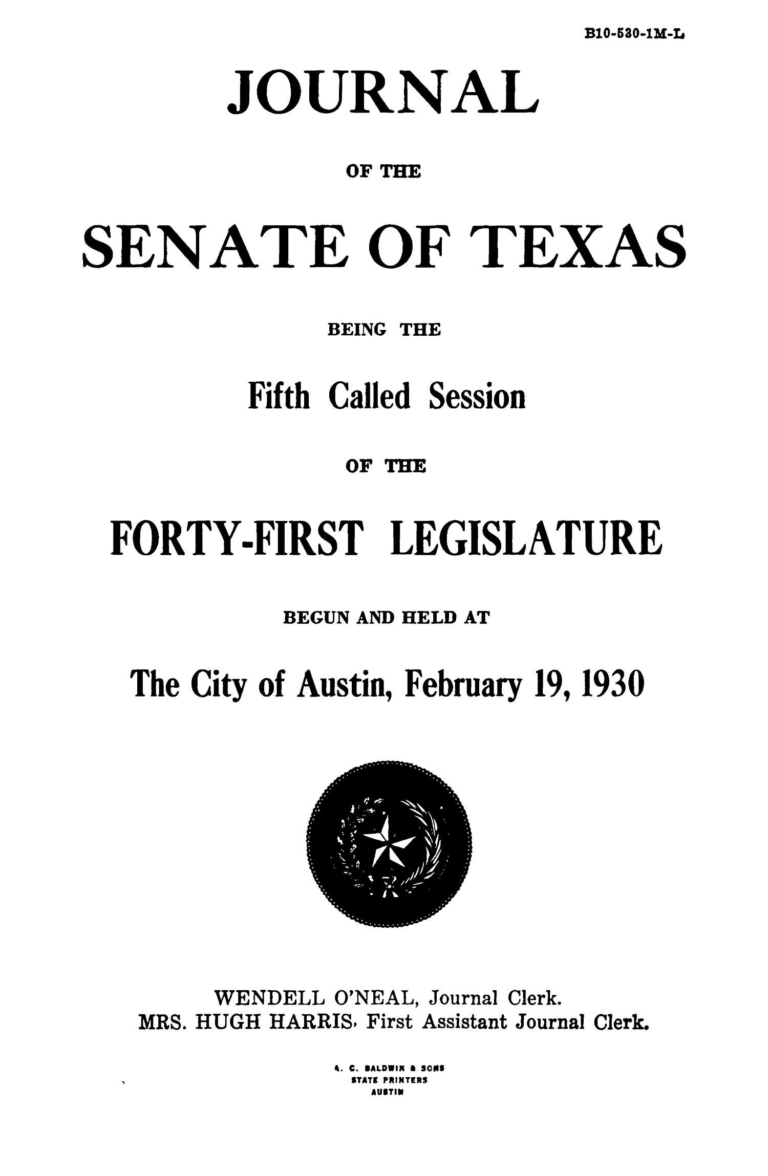 Journal of the Senate of Texas being the Fifth Called Session of the Forty-First Legislature
                                                
                                                    Title Page
                                                