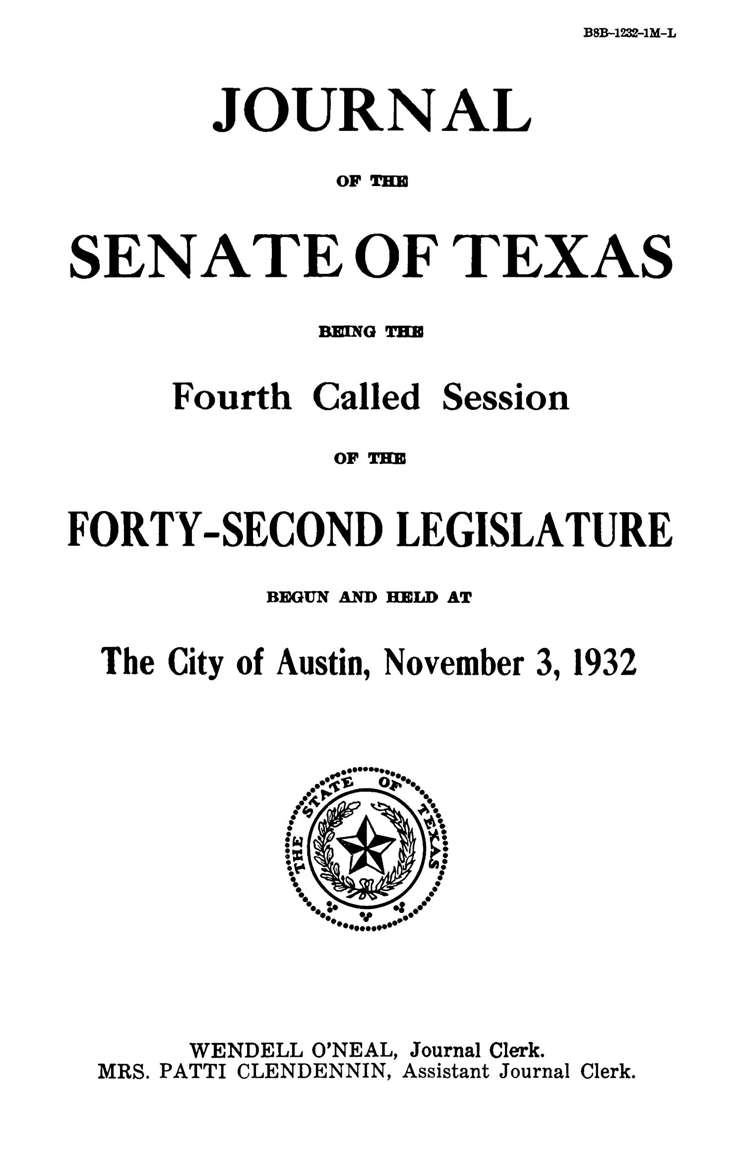 Journal of the Senate of Texas being the Fourth Called Session of the Forty-Second Legislature
                                                
                                                    Title Page
                                                