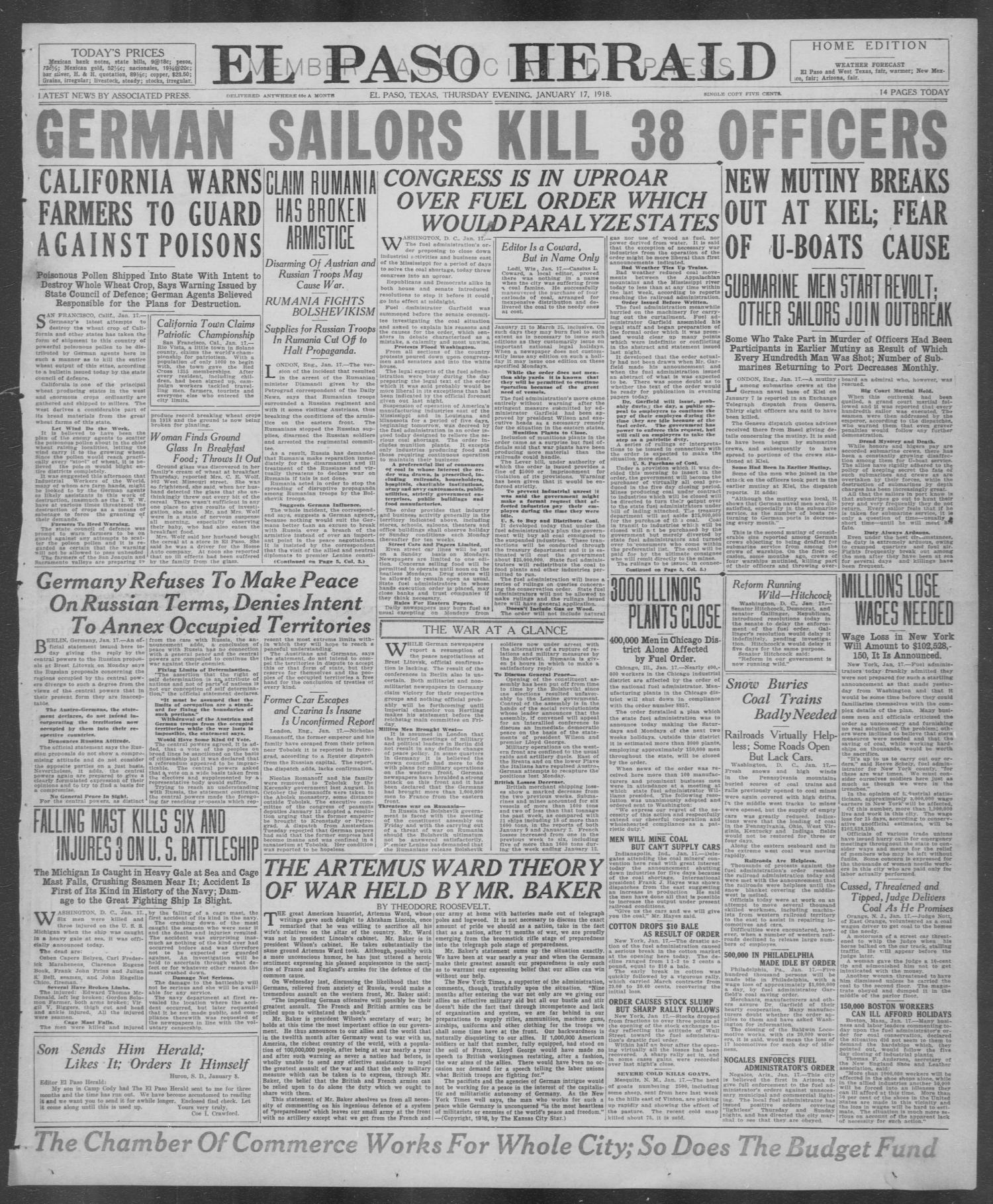 El Paso Herald (El Paso, Tex.), Ed. 1, Thursday, January 17, 1918
                                                
                                                    [Sequence #]: 1 of 14
                                                