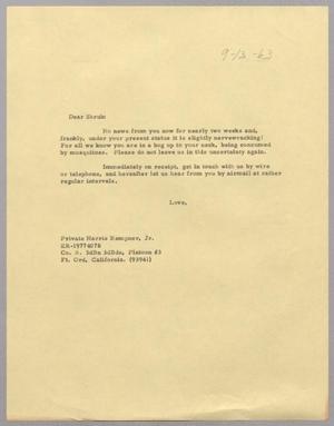 Primary view of object titled '[Letter from Harris Leon Kempner to Shrub, September 13, 1963]'.