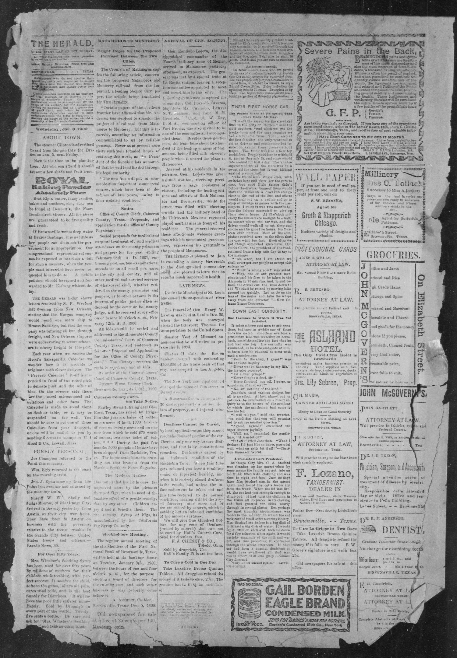 The Brownsville Daily Herald. (Brownsville, Tex.), Vol. 8, No. 158, Ed. 1, Wednesday, January 3, 1900
                                                
                                                    [Sequence #]: 3 of 4
                                                