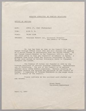 Primary view of object titled '[Letter from Brown Booth of Houston Committee on Foreign Relations to the members, April 4, 1963]'.