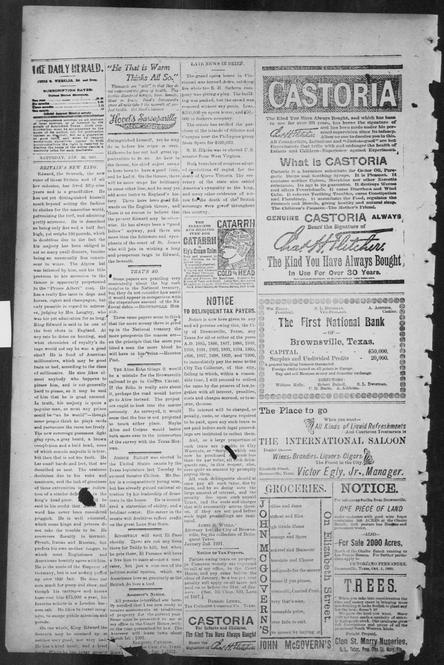 Brownsville Daily Herald (Brownsville, Tex.), Vol. NINE, No. 176, Ed. 1, Saturday, January 26, 1901
                                                
                                                    [Sequence #]: 2 of 4
                                                