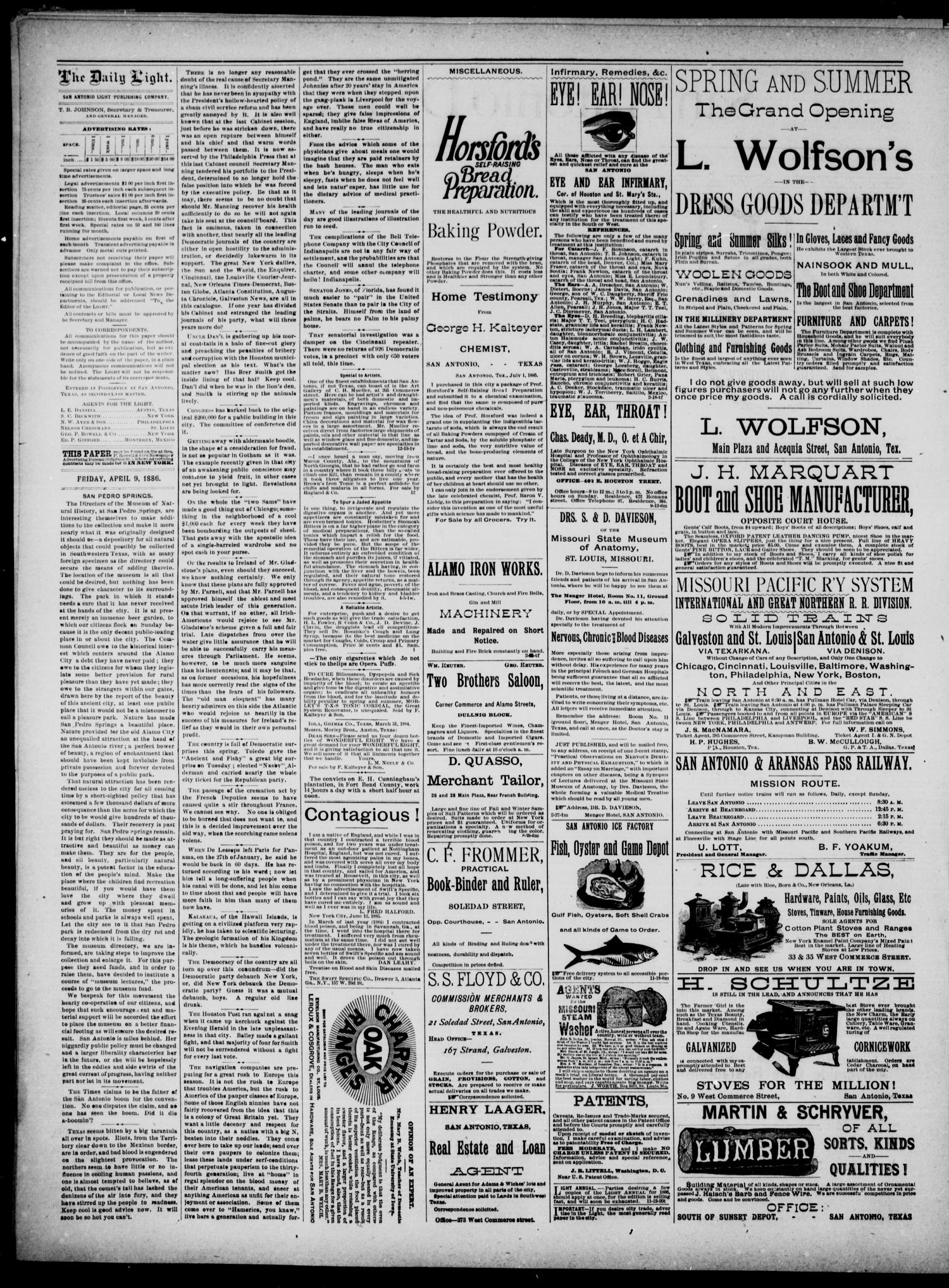 San Antonio Daily Light (San Antonio, Tex.), Vol. 6, No. 69, Ed. 1, Friday, April 9, 1886
                                                
                                                    [Sequence #]: 2 of 4
                                                