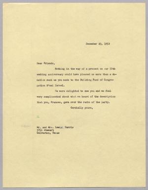 Primary view of object titled '[Letter from I. H. Kempner to Lewis and Frances Harris, December 23, 1952]'.