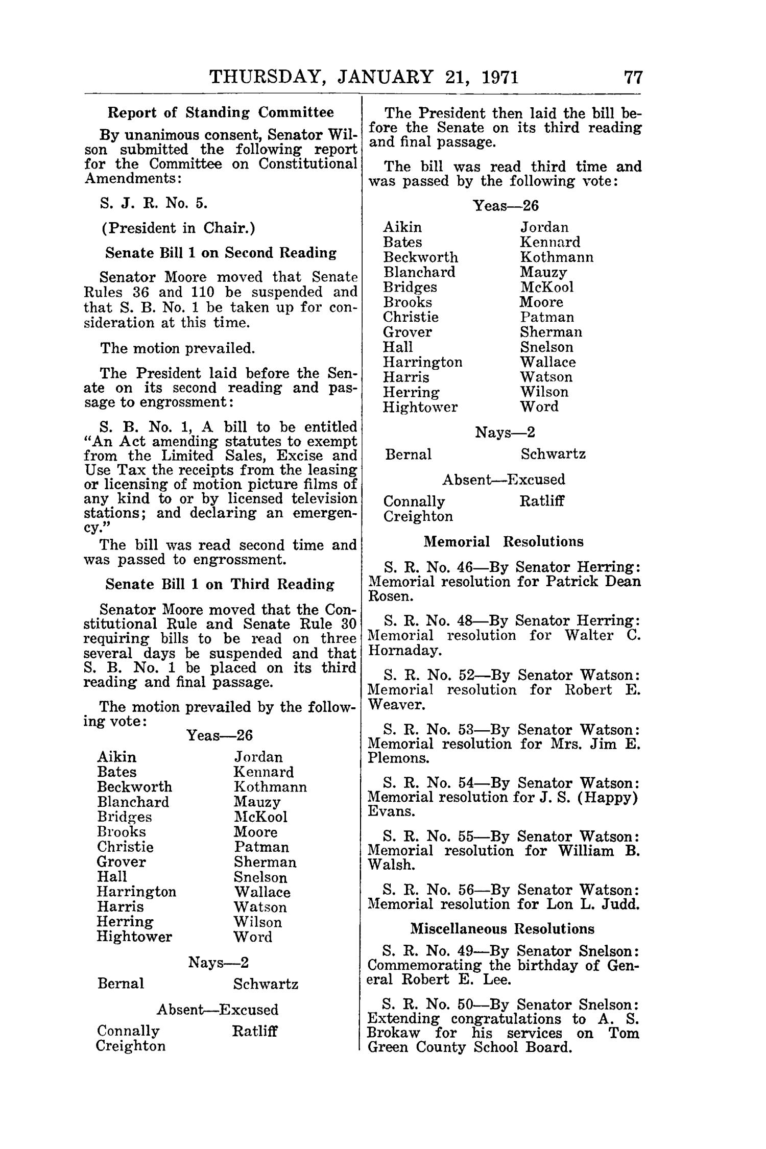 Journal of the Senate of the State of Texas, Regular Session of the Sixty-Second Legislature, Volume 1
                                                
                                                    77
                                                