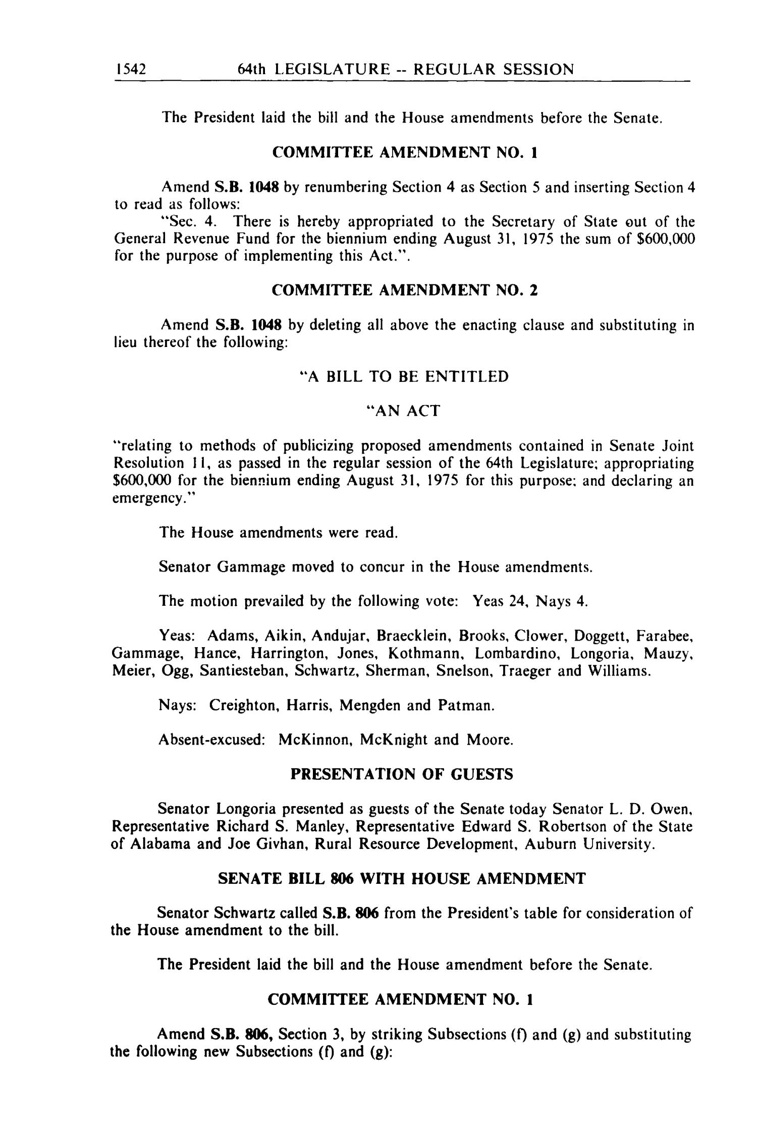 Journal of the Senate of the State of Texas, Regular Session of the Sixty-Fourth Legislature, Volume 2
                                                
                                                    1542
                                                