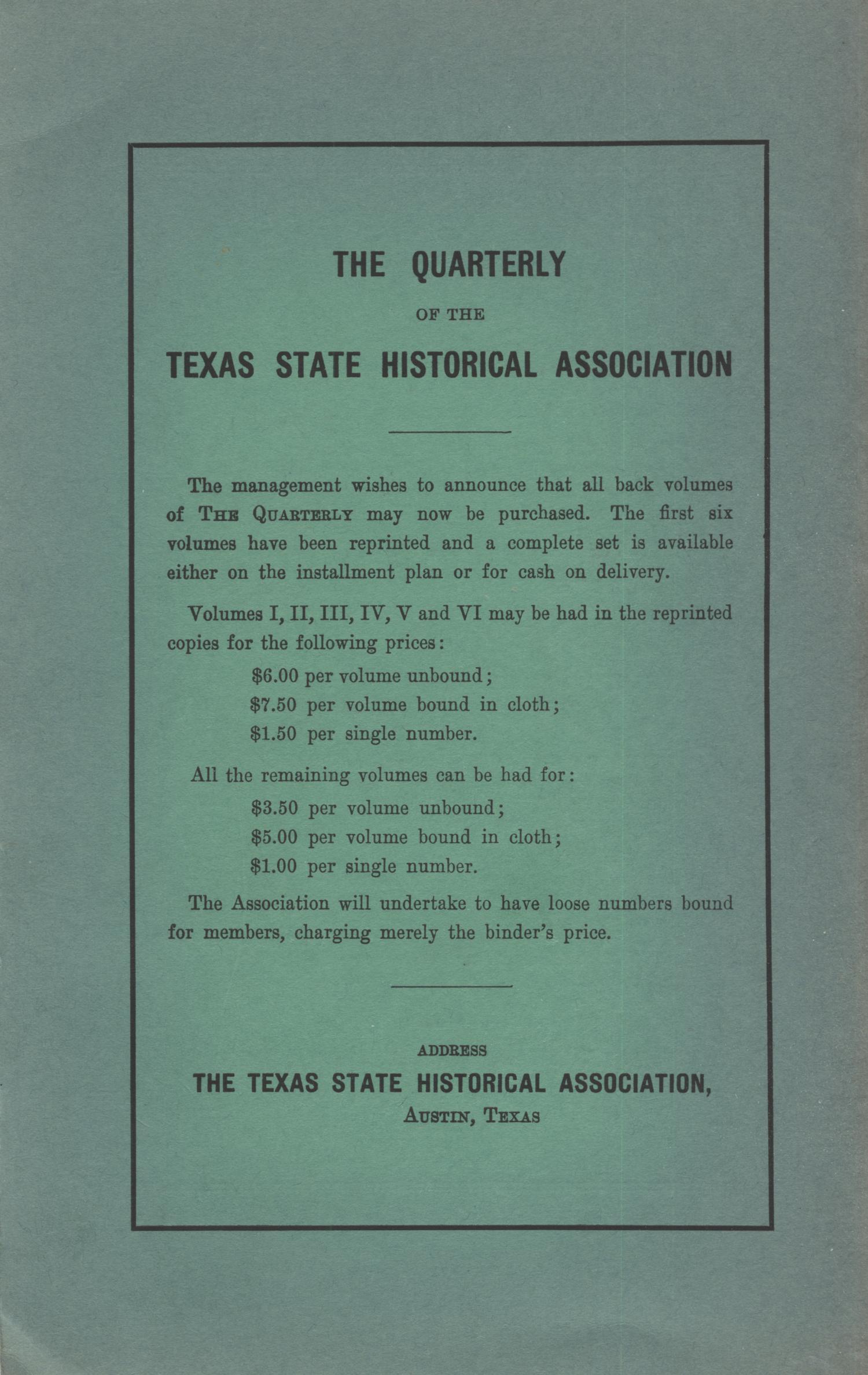 The Southwestern Historical Quarterly, Volume 44, July 1940 - April, 1941
                                                
                                                    Back Cover
                                                