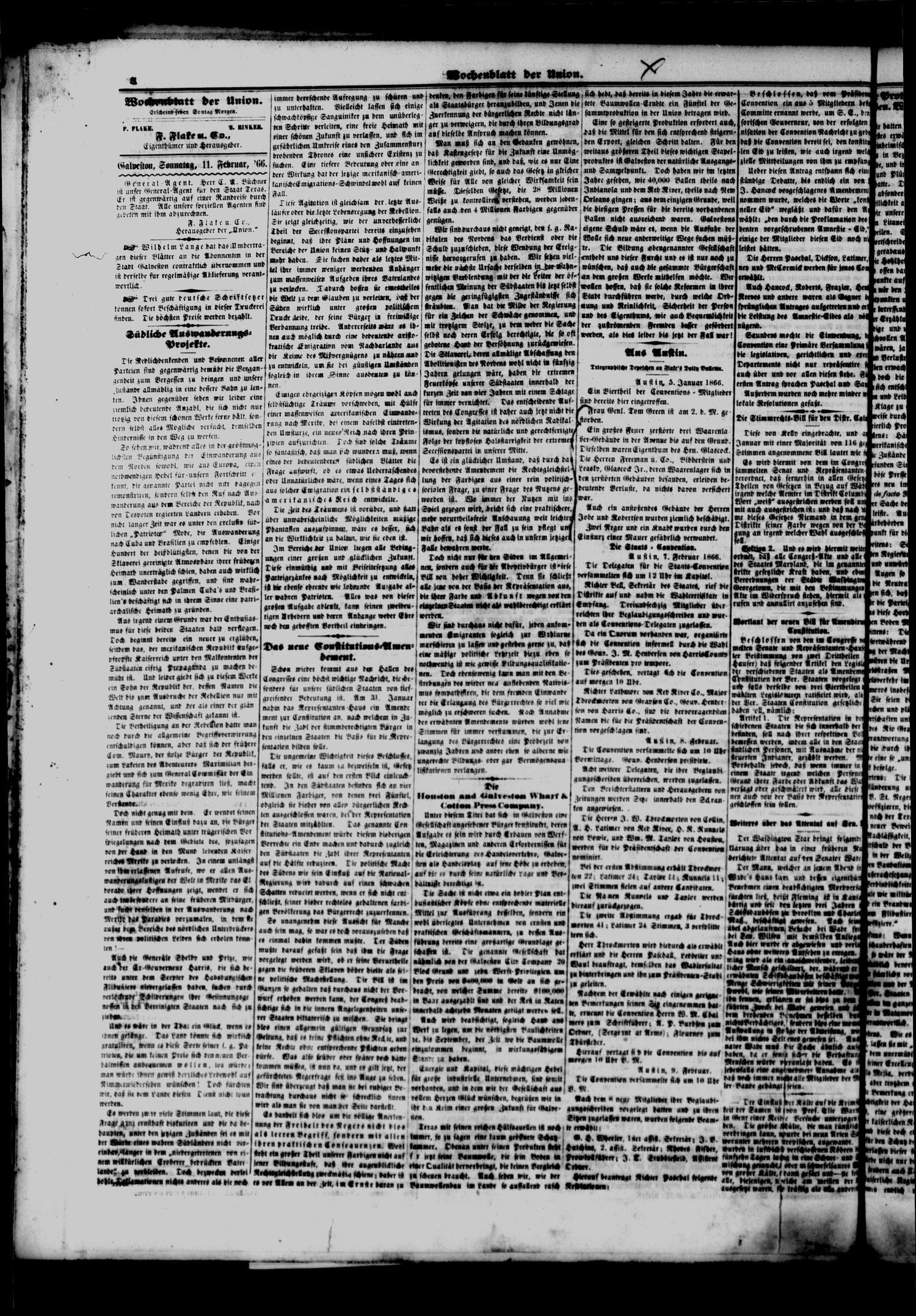 Wochenblatt der Union. (Galveston, Tex.), Vol. 8, No. 16, Ed. 1 Sunday, February 11, 1866
                                                
                                                    [Sequence #]: 4 of 8
                                                
