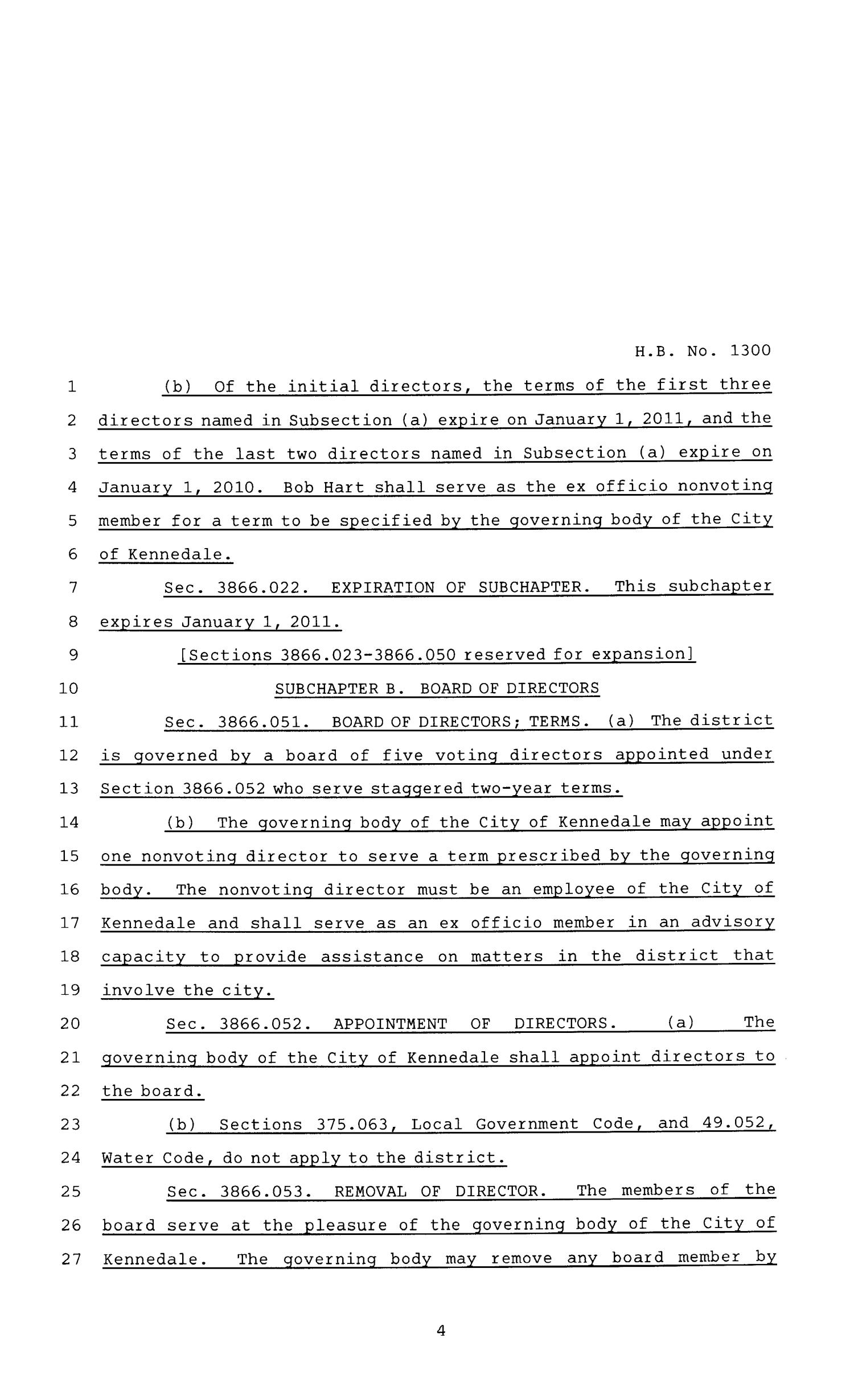 81st Texas Legislature, Regular Session, House Bill 1300, Chapter 172
                                                
                                                    [Sequence #]: 4 of 11
                                                