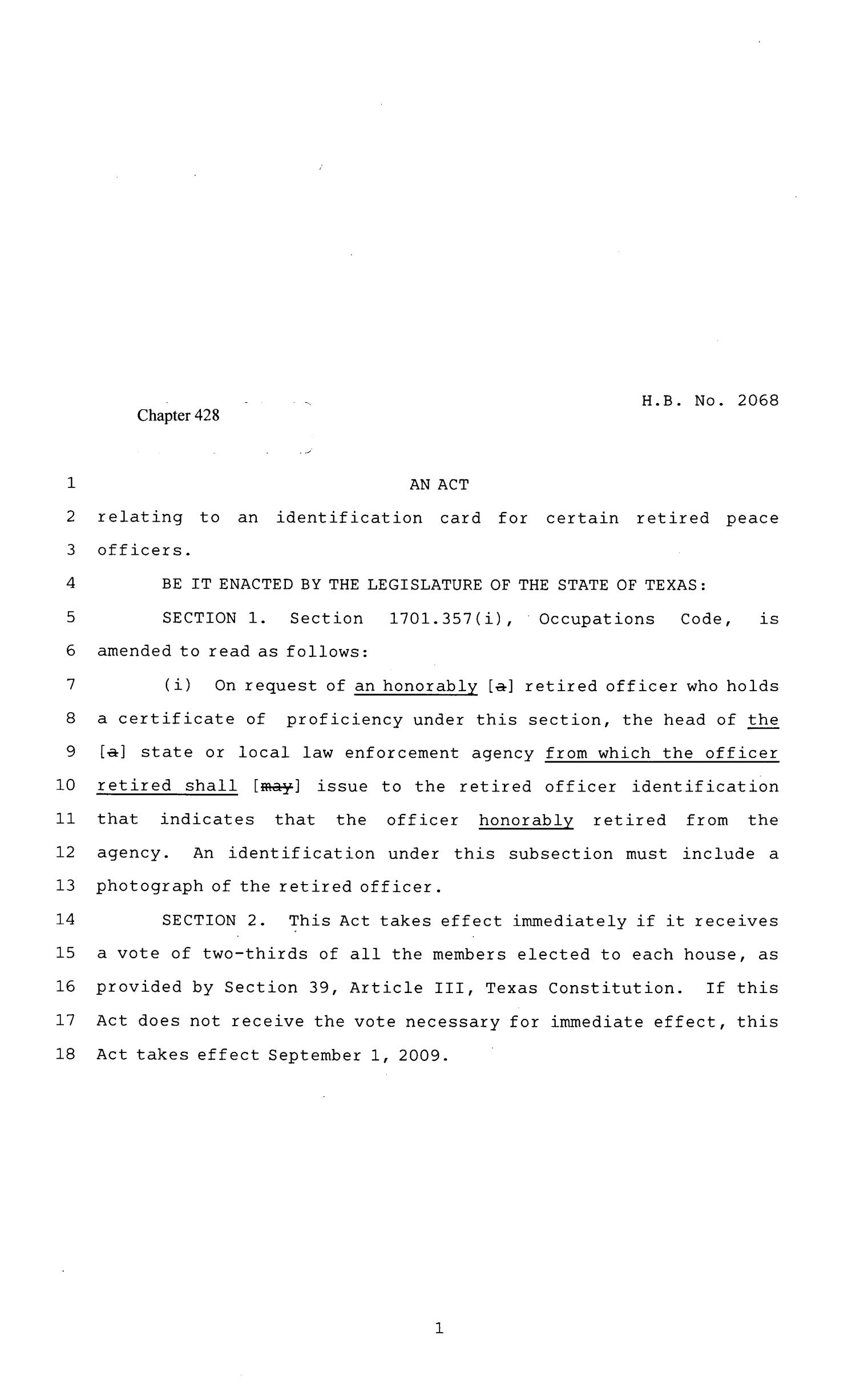 81st Texas Legislature, Regular Session, House Bill 2068, Chapter 428
                                                
                                                    [Sequence #]: 1 of 2
                                                