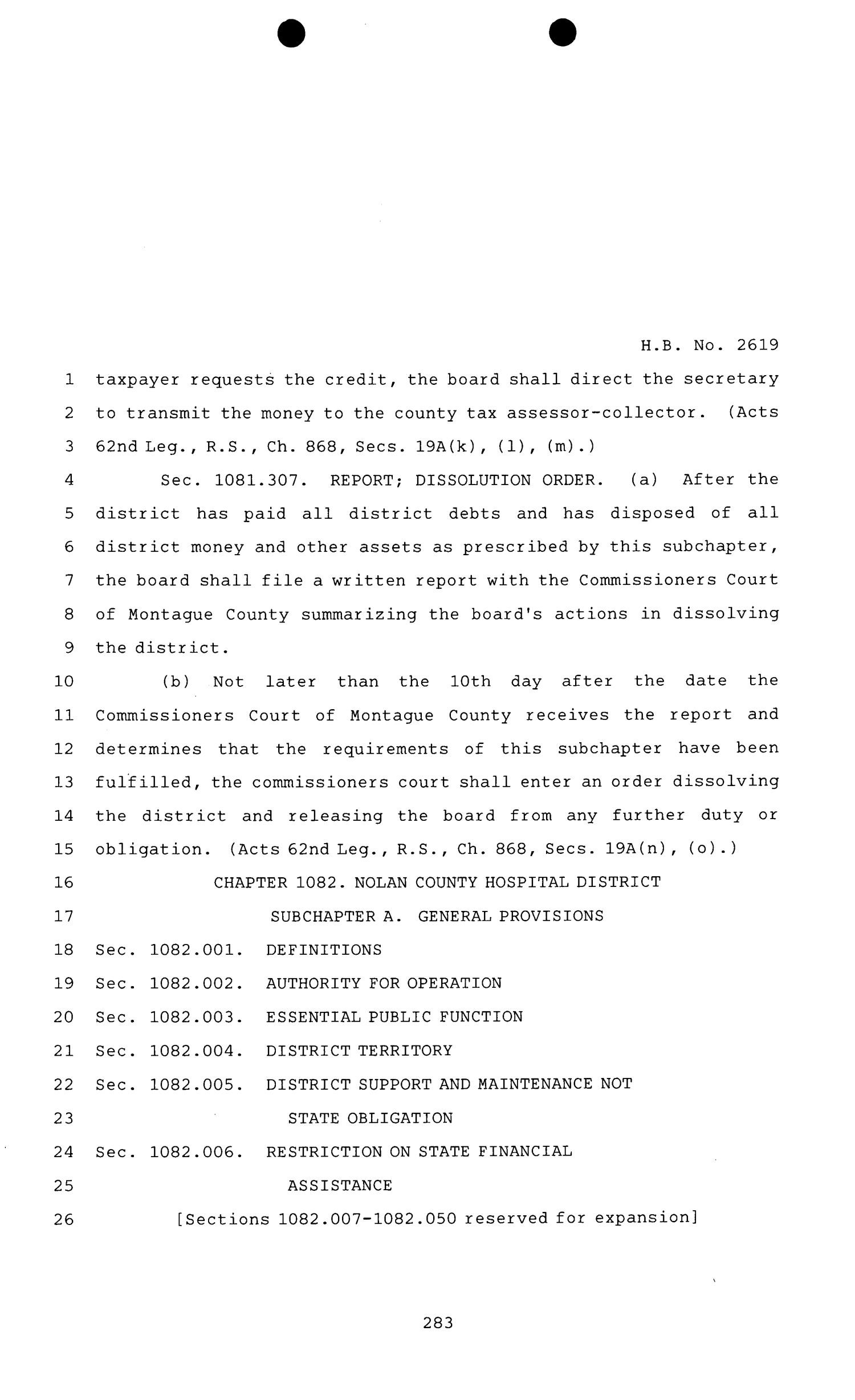 81st Texas Legislature, Regular Session, House Bill 2619, Chapter 1139
                                                
                                                    [Sequence #]: 283 of 950
                                                