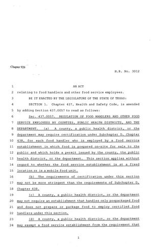 Primary view of object titled '81st Texas Legislature, Regular Session, House Bill 3012, Chapter 926'.