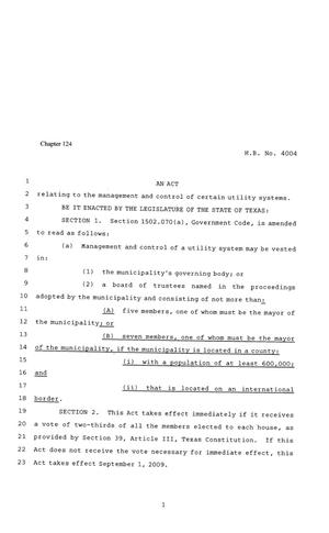 Primary view of object titled '81st Texas Legislature, Regular Session, House Bill 4004, Chapter 124'.
