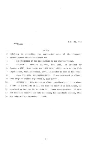 Primary view of object titled '81st Texas Legislature, Regular Session, House Bill 773, Chapter 610'.