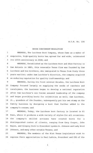 Primary view of object titled '81st Texas Legislature, House Concurrent Resolution, House Bill 226'.