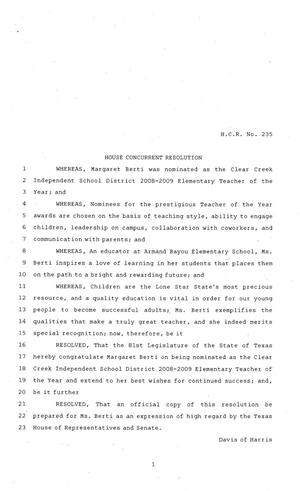 Primary view of object titled '81st Texas Legislature, House Concurrent Resolution, House Bill 235'.