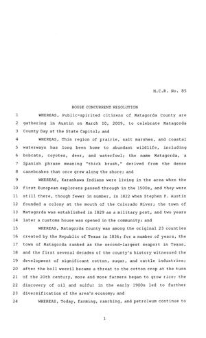 Primary view of object titled '81st Texas Legislature, House Concurrent Resolution, House Bill 85'.