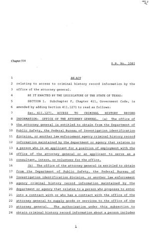 Primary view of object titled '81st Texas Legislature, House Bill 1081, Chapter 514'.