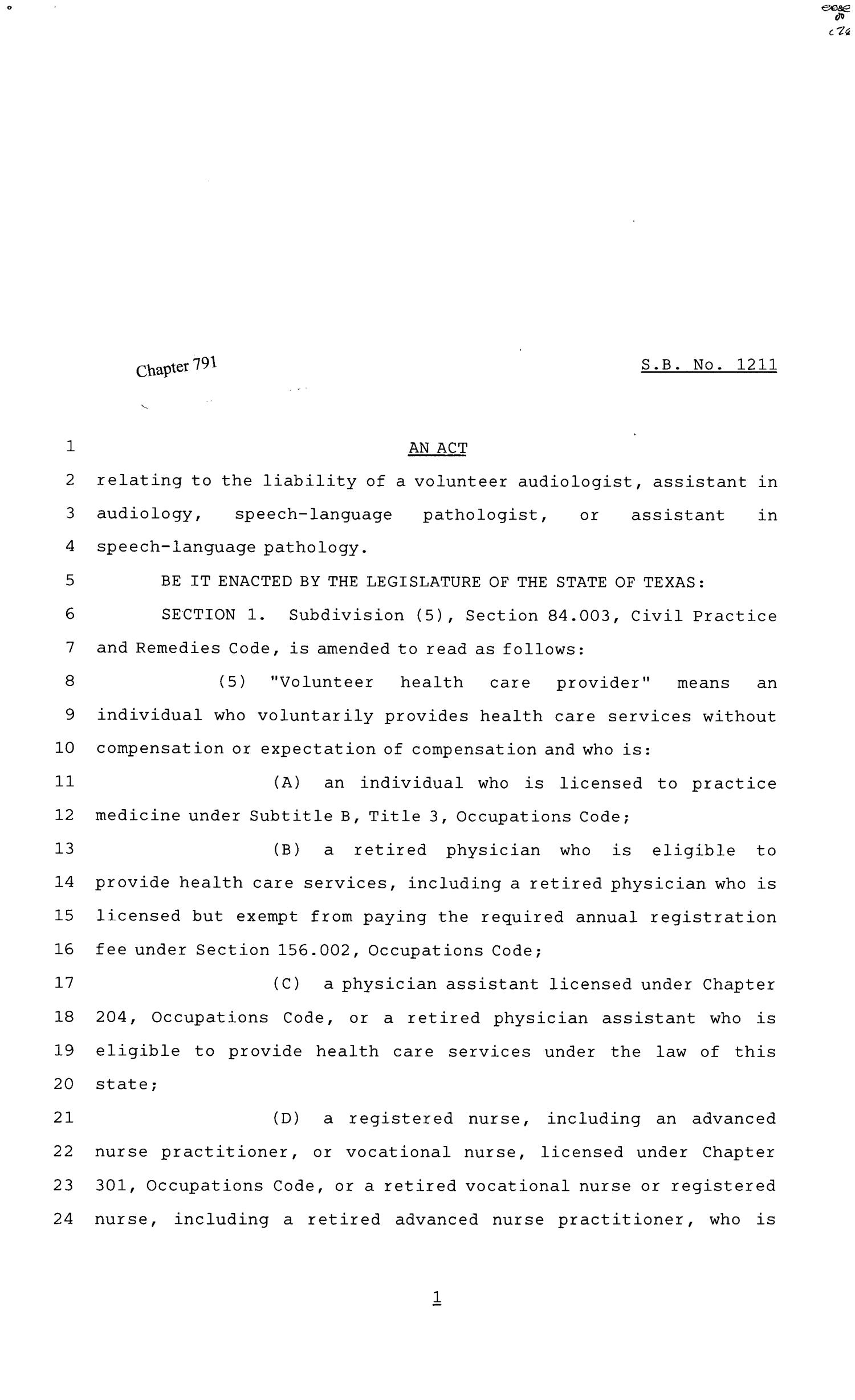 81st Texas Legislature, Senate Bill 1211, Chapter 791
                                                
                                                    [Sequence #]: 1 of 4
                                                