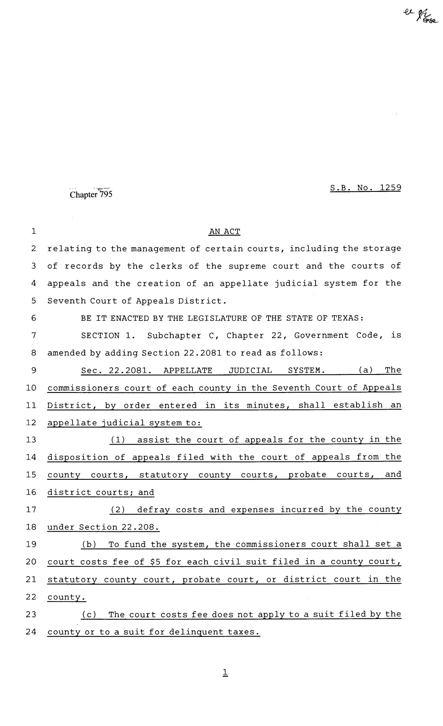 81st Texas Legislature, Senate Bill 1259, Chapter 795
                                                
                                                    [Sequence #]: 1 of 8
                                                