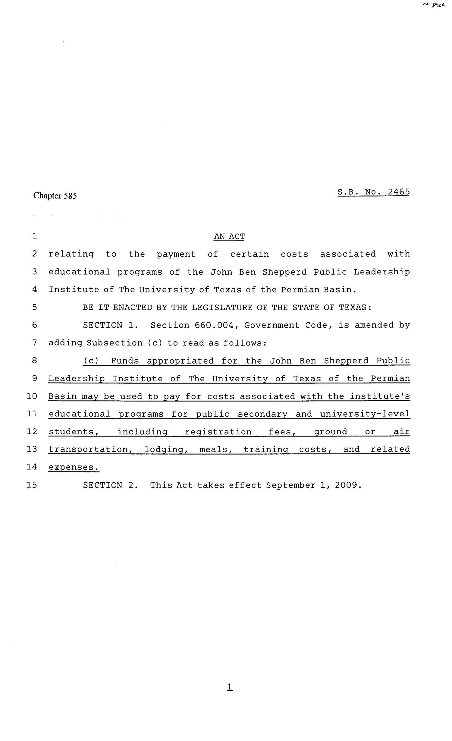 81st Texas Legislature, Senate Bill 2465, Chapter 585
                                                
                                                    [Sequence #]: 1 of 2
                                                