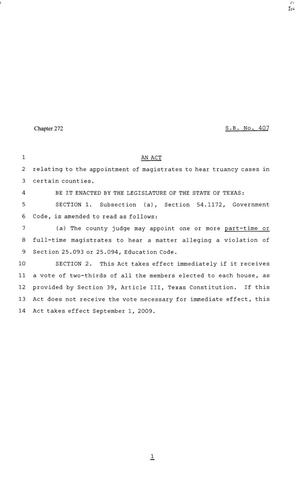 Primary view of object titled '81st Texas Legislature, Senate Bill 407, Chapter 272'.
