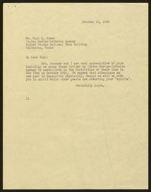 Primary view of object titled '[Letter from Isaac H. Kempner to Hugh K. Jones, October 12, 1962]'.