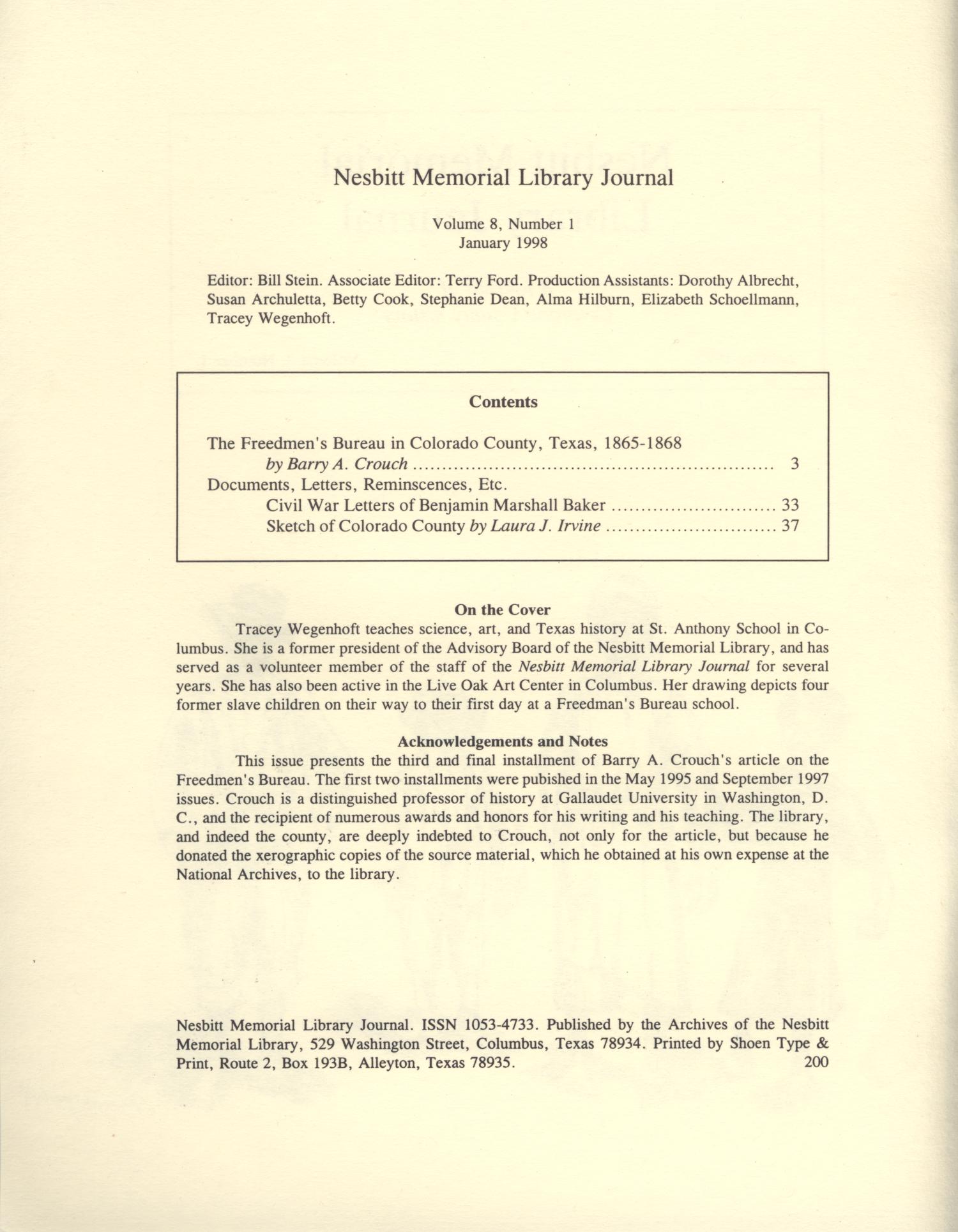 Nesbitt Memorial Library Journal, Volume 8, Number 1, January 1998
                                                
                                                    Front Inside
                                                