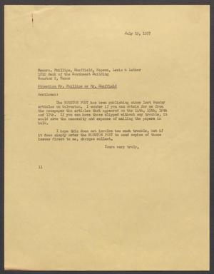 Primary view of object titled '[Letter from Isaac H. Kempner to Phillips, Sheffield, Hopson, Lewis & Luther, July 19, 1957]'.