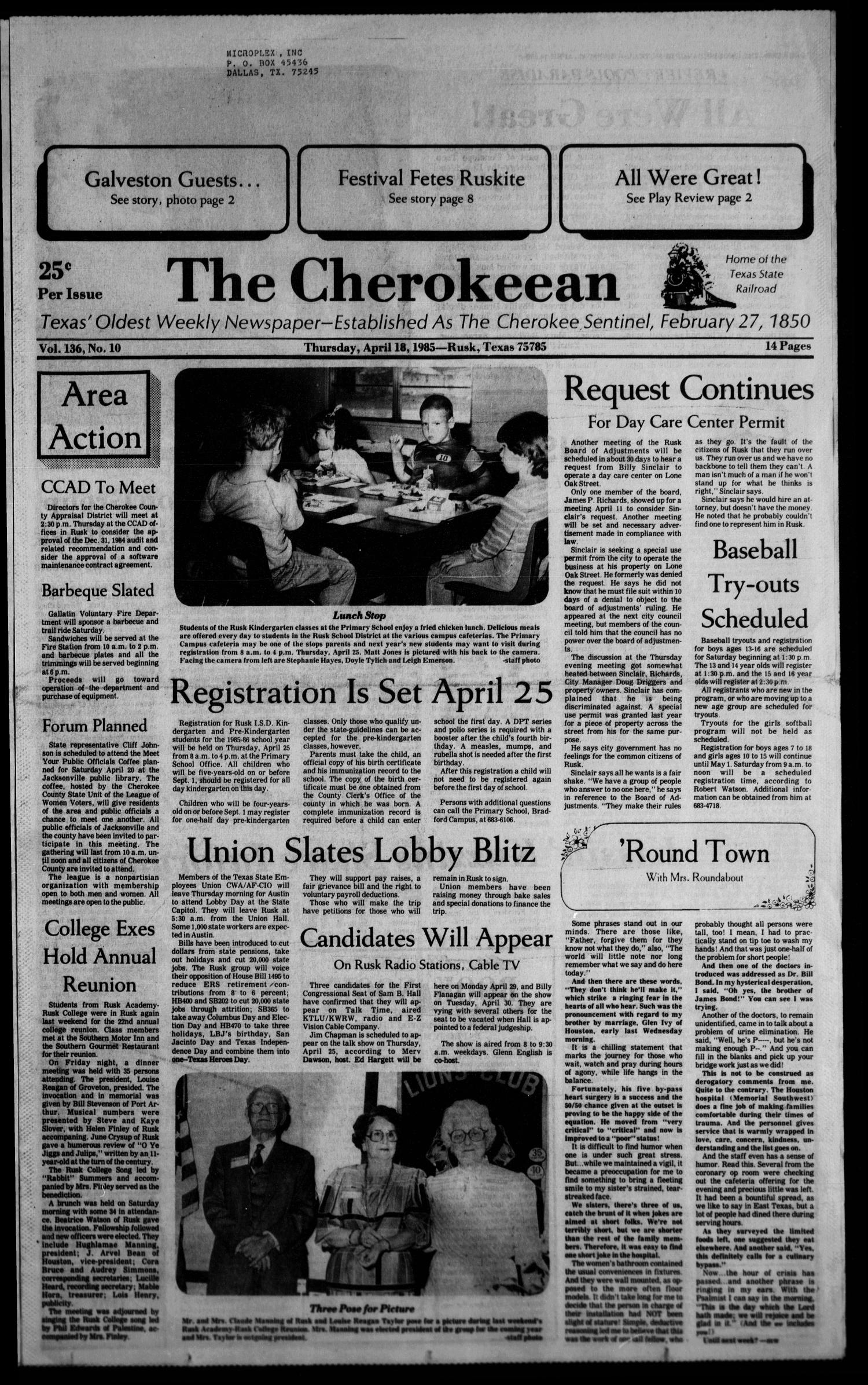 The Cherokeean. (Rusk, Tex.), Vol. 136, No. 10, Ed. 1 Thursday, April 18, 1985
                                                
                                                    [Sequence #]: 1 of 22
                                                