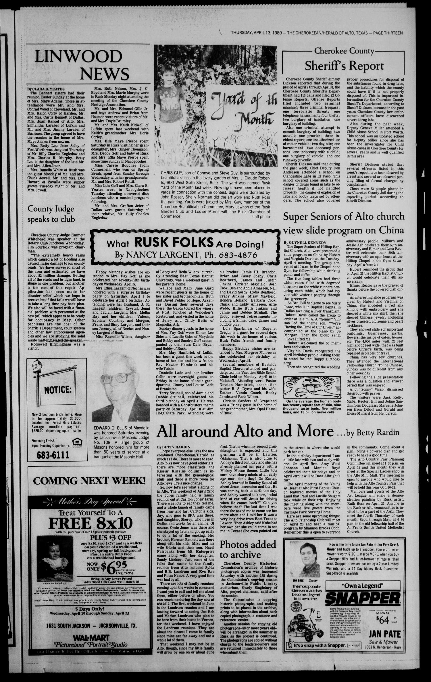Cherokeean/Herald (Rusk, Tex.), Vol. 141, No. 10, Ed. 1 Thursday, April 13, 1989
                                                
                                                    [Sequence #]: 13 of 18
                                                