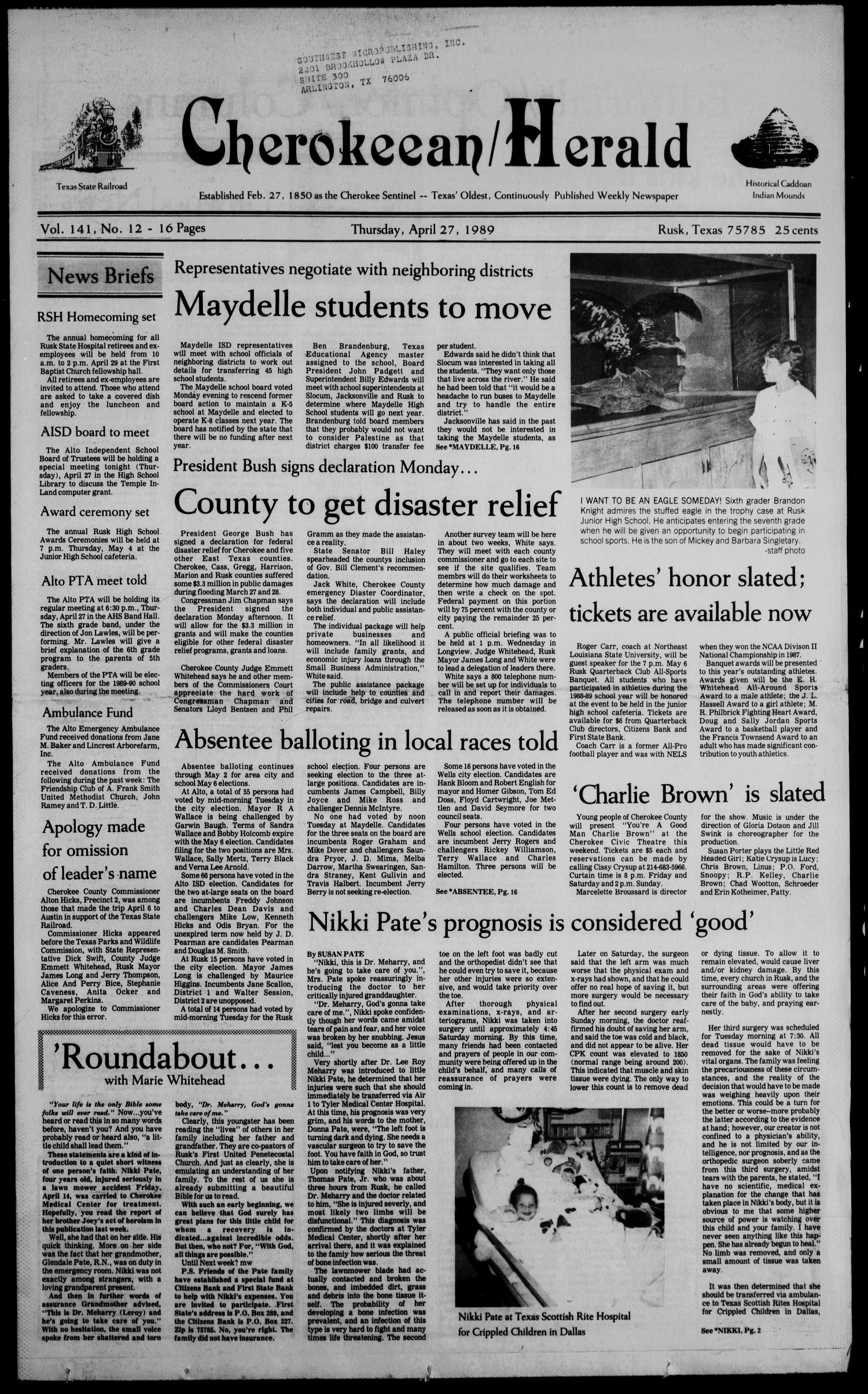 Cherokeean/Herald (Rusk, Tex.), Vol. 141, No. 12, Ed. 1 Thursday, April 27, 1989
                                                
                                                    [Sequence #]: 1 of 40
                                                