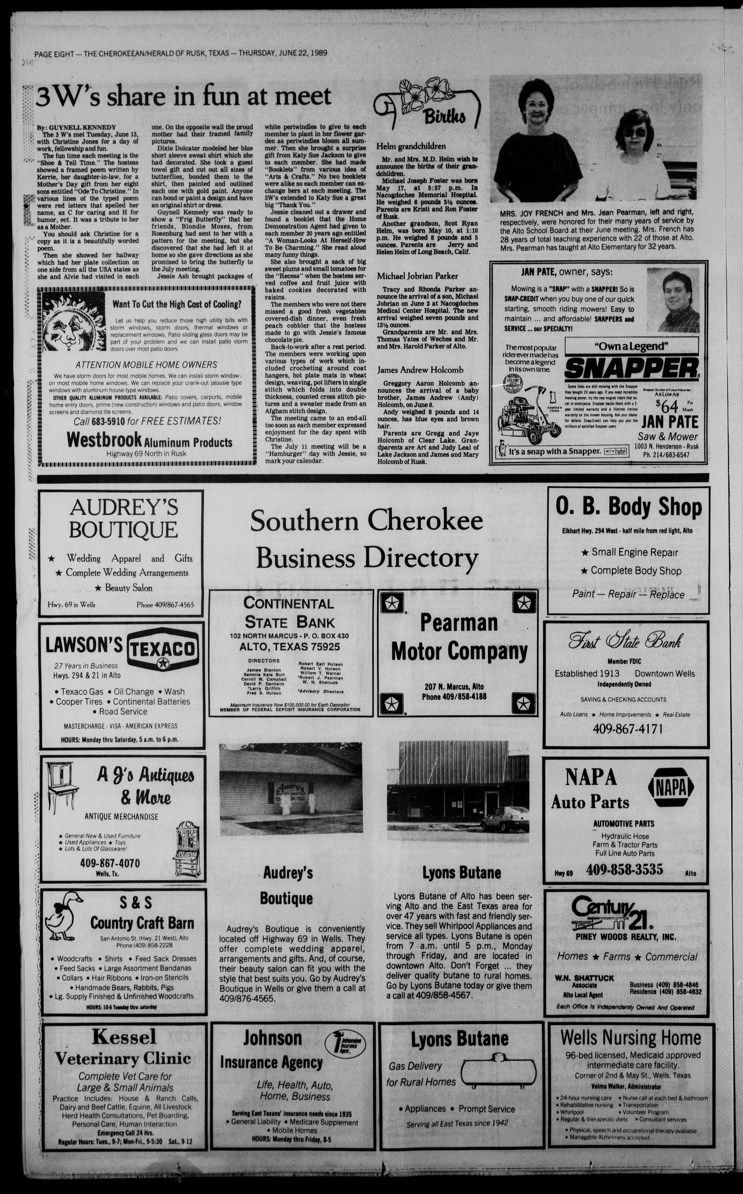 Cherokeean/Herald (Rusk, Tex.), Vol. 141, No. 20, Ed. 1 Thursday, June 22, 1989
                                                
                                                    [Sequence #]: 8 of 16
                                                