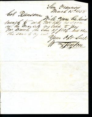 Primary view of object titled '[Letter from William Denton to Colonel Ransom - March 15, 1858]'.