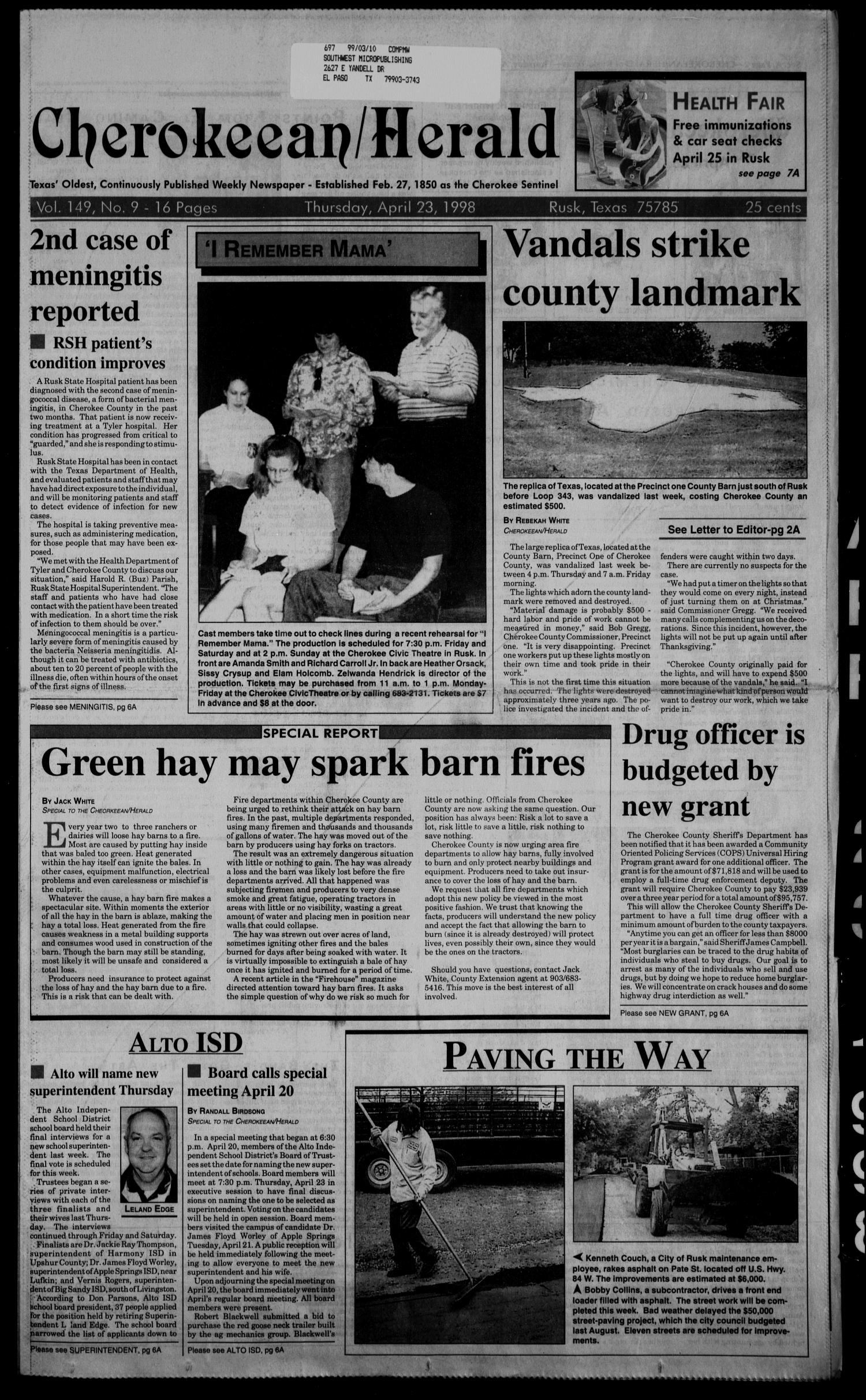 Cherokeean/Herald (Rusk, Tex.), Vol. 149, No. 9, Ed. 1 Thursday, April 23, 1998
                                                
                                                    [Sequence #]: 1 of 16
                                                