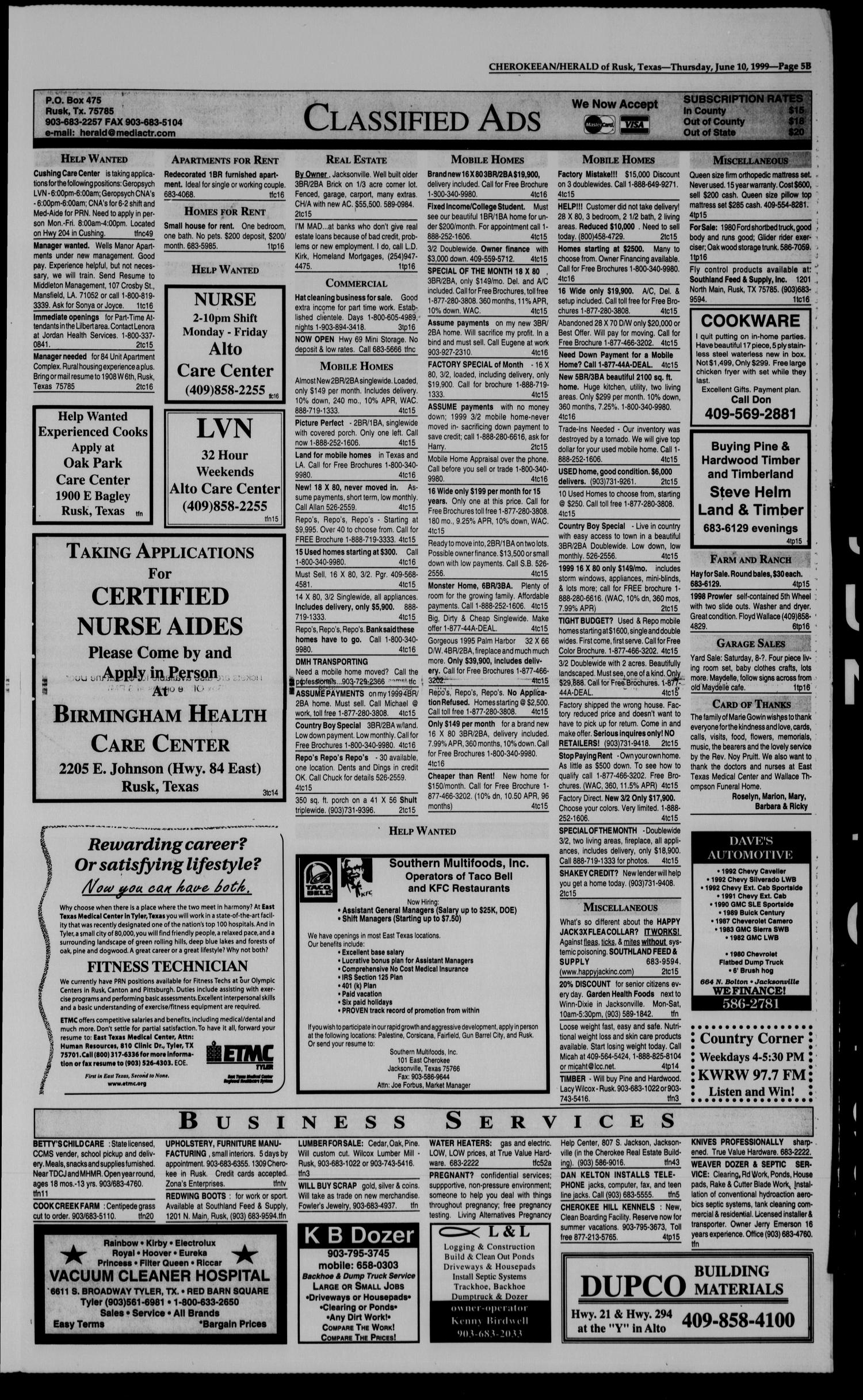 Cherokeean/Herald (Rusk, Tex.), Vol. 150, No. 16, Ed. 1 Thursday, June 10, 1999
                                                
                                                    [Sequence #]: 13 of 16
                                                