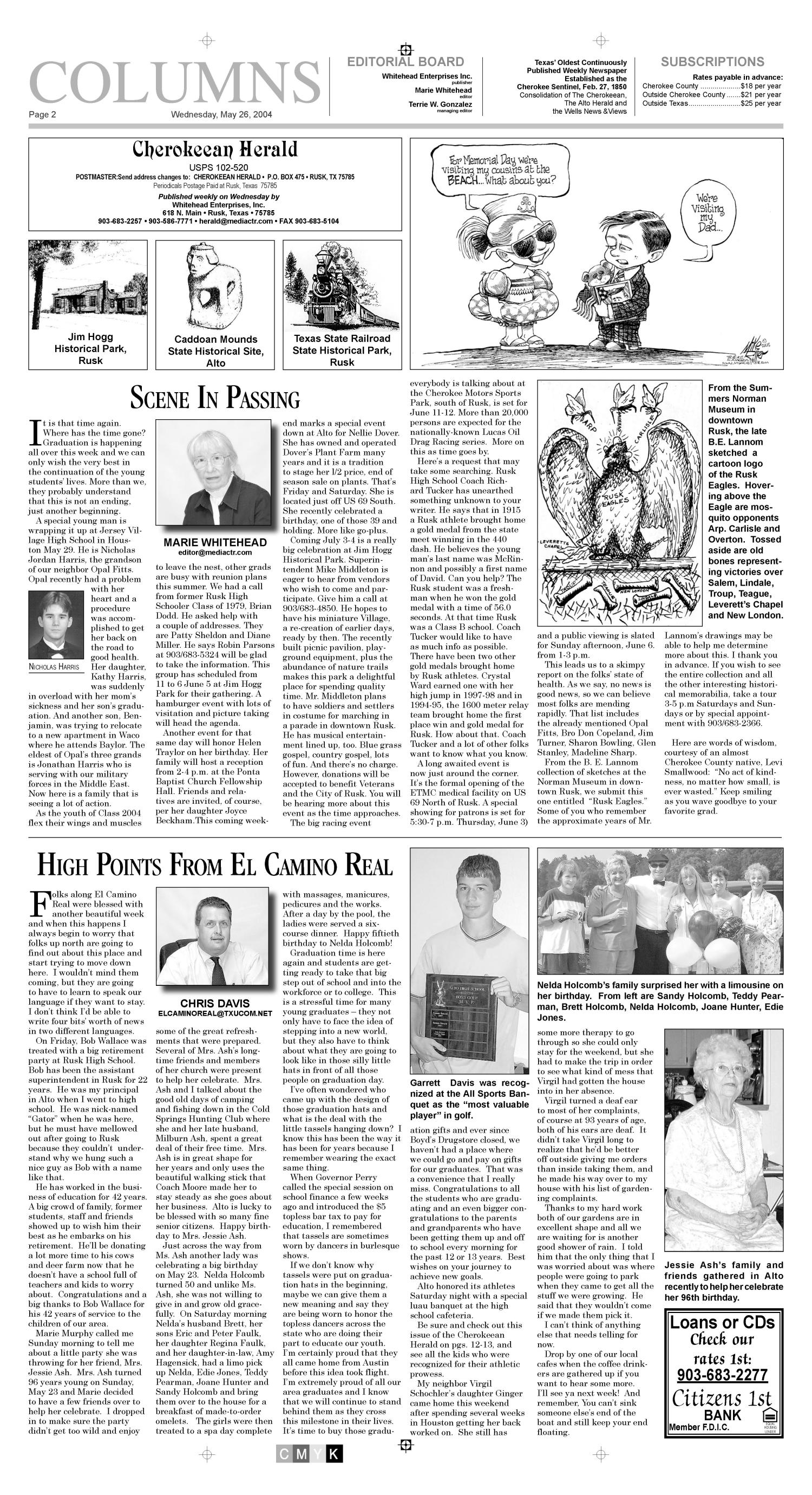 Cherokeean Herald (Rusk, Tex.), Vol. 155, No. 14, Ed. 1 Wednesday, May 26, 2004
                                                
                                                    [Sequence #]: 2 of 18
                                                