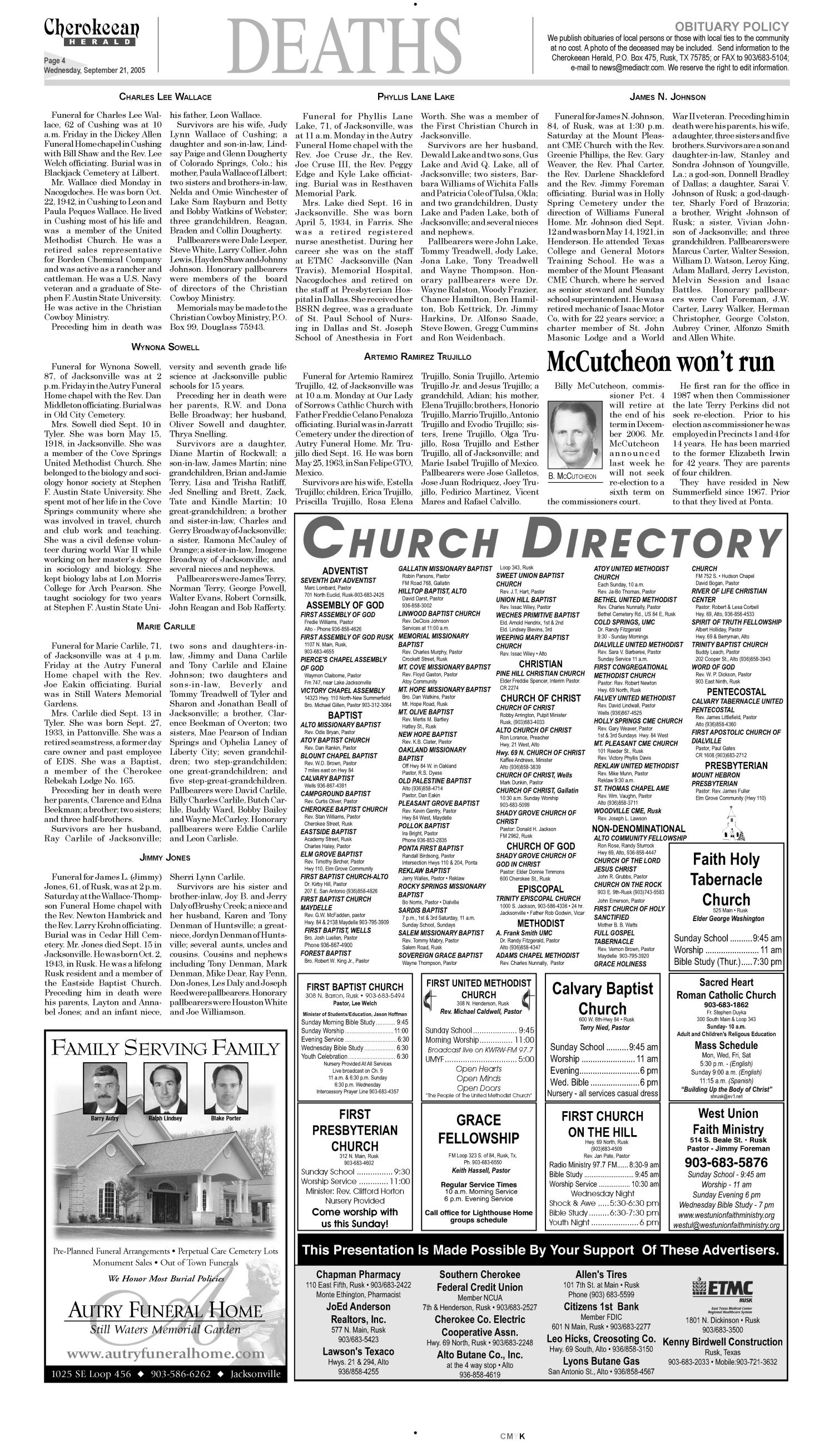 Cherokeean Herald (Rusk, Tex.), Vol. 156, No. 31, Ed. 1 Wednesday, September 21, 2005
                                                
                                                    [Sequence #]: 4 of 18
                                                