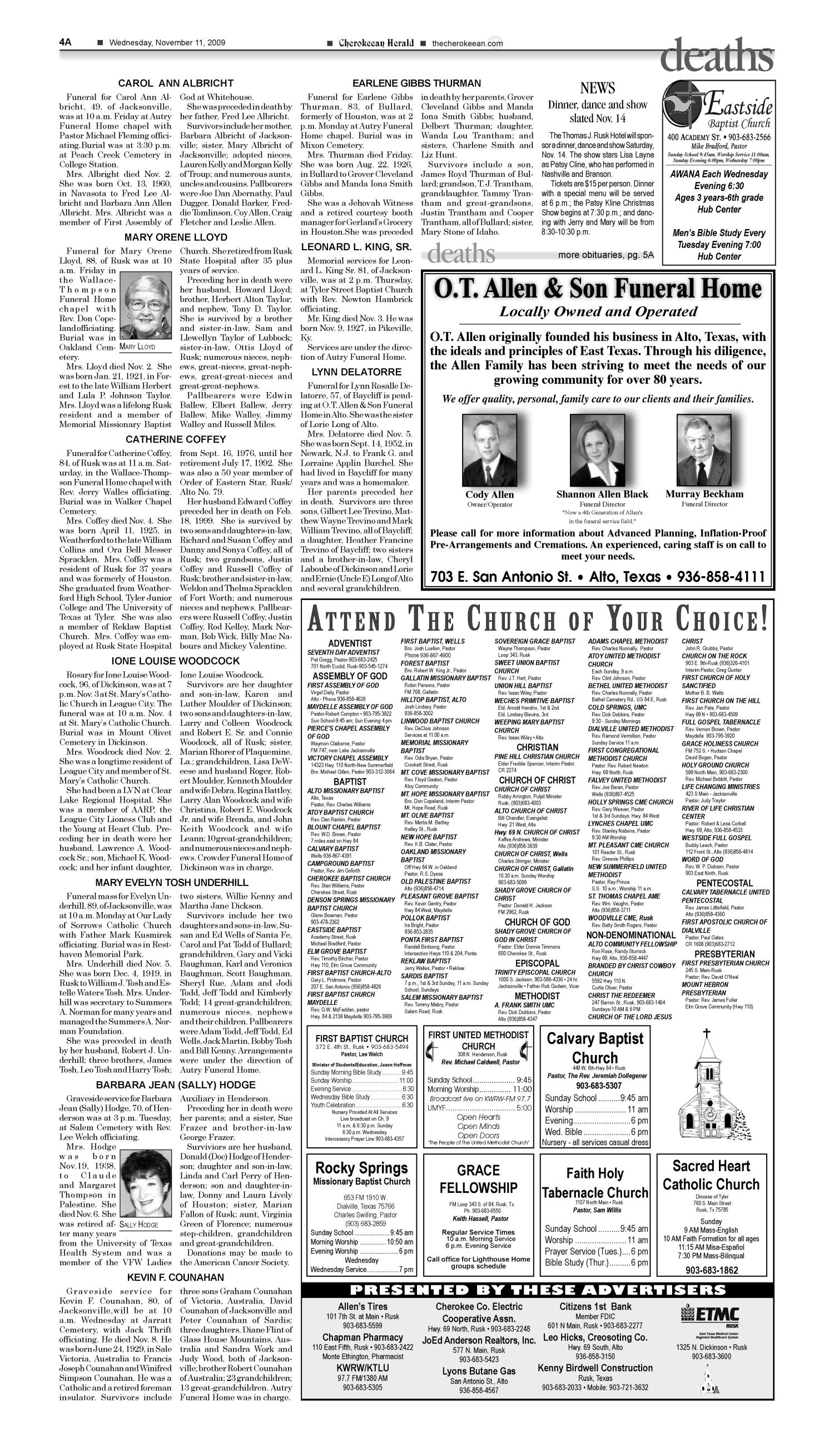 Cherokeean Herald (Rusk, Tex.), Vol. 160, No. 38, Ed. 1 Wednesday, November 11, 2009
                                                
                                                    [Sequence #]: 4 of 20
                                                