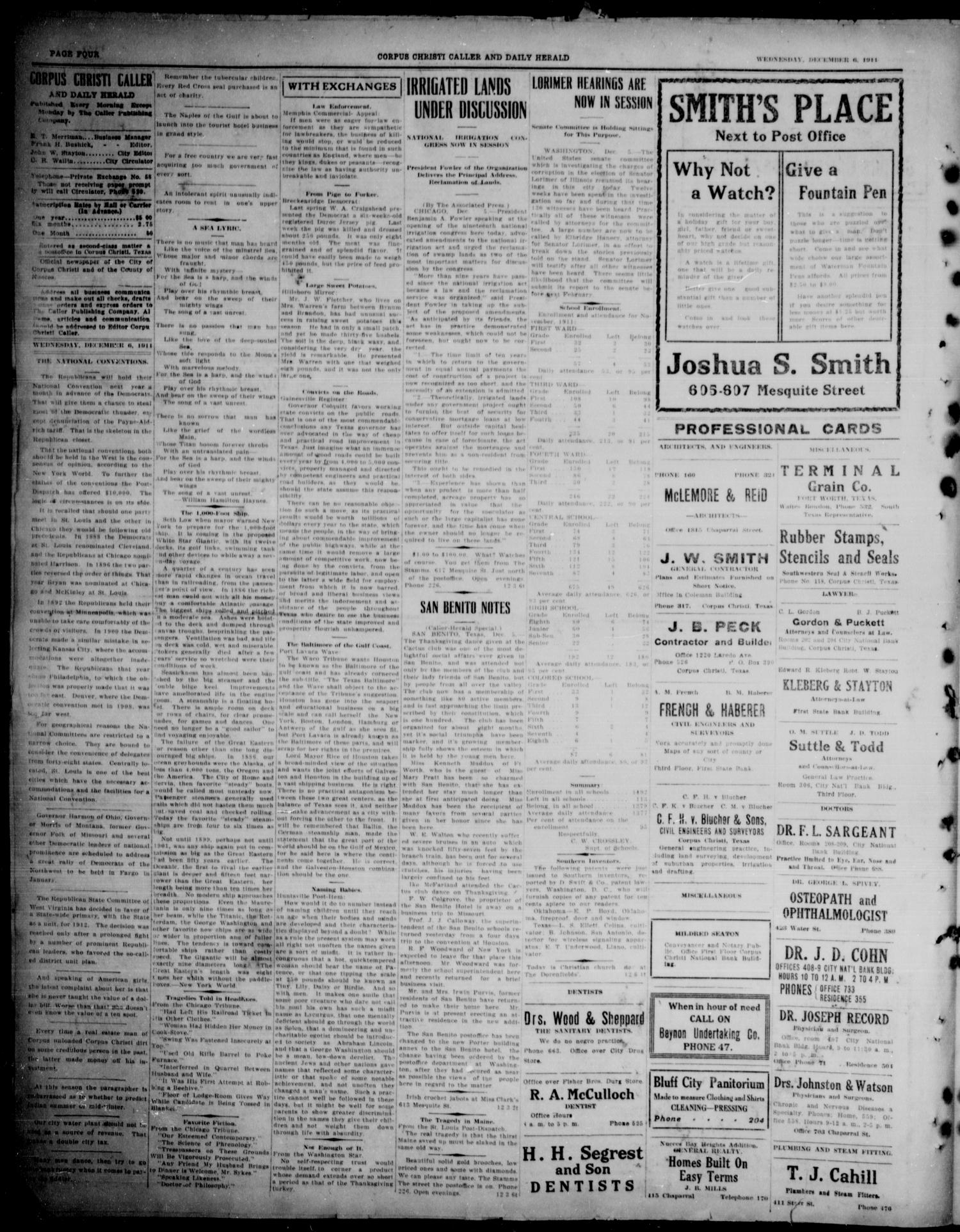 Corpus Christi Caller and Daily Herald (Corpus Christi, Tex.), Vol. 13, No. 11, Ed. 1, Wednesday, December 6, 1911
                                                
                                                    [Sequence #]: 4 of 8
                                                