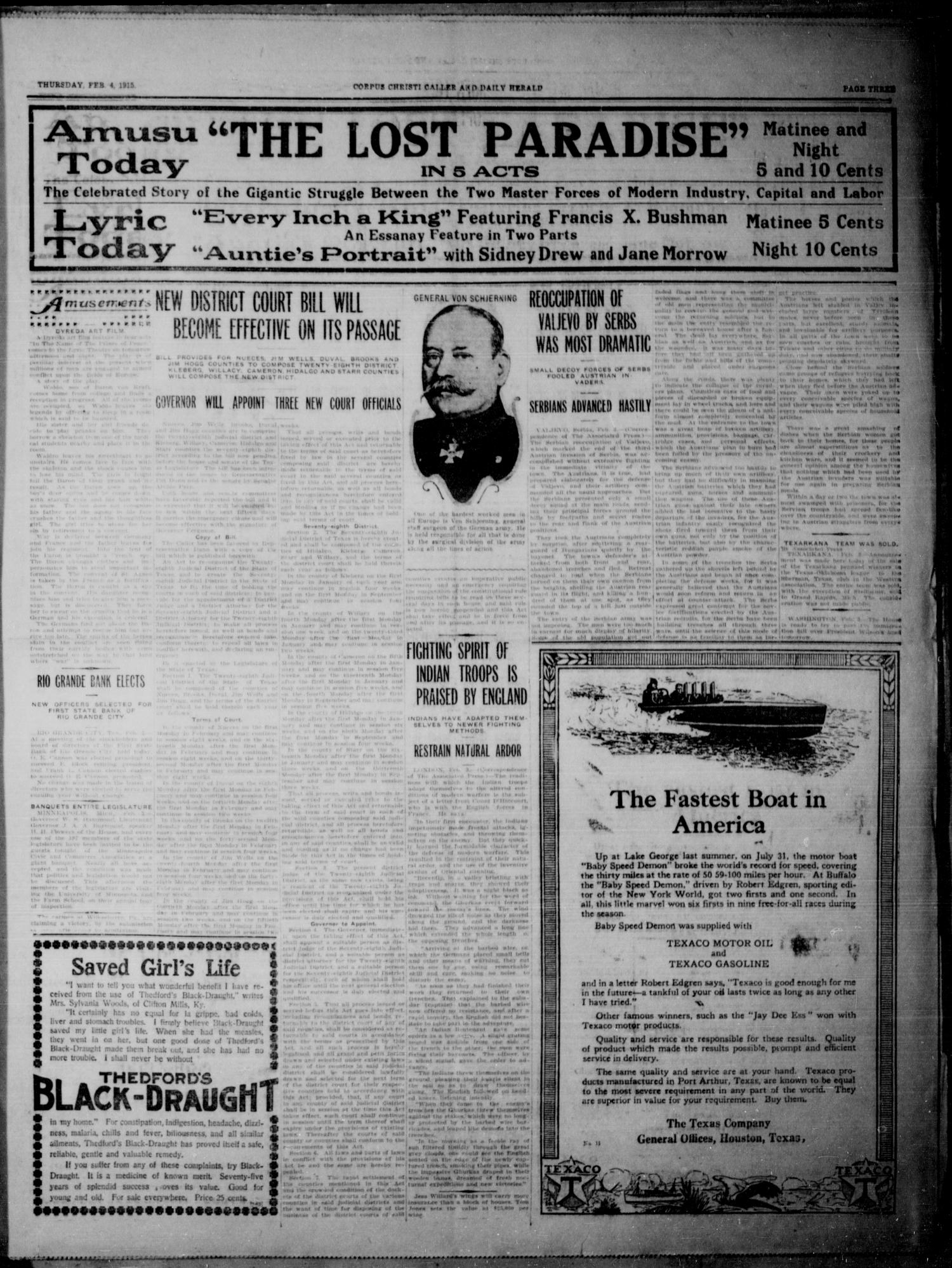Corpus Christi Caller and Daily Herald (Corpus Christi, Tex.), Vol. SEVENTEEN, No. 52, Ed. 1, Thursday, February 4, 1915
                                                
                                                    [Sequence #]: 3 of 8
                                                