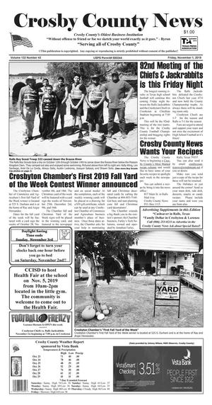 Primary view of object titled 'Crosby County News (Ralls, Tex.), Vol. 132, No. 43, Ed. 1 Friday, November 1, 2019'.