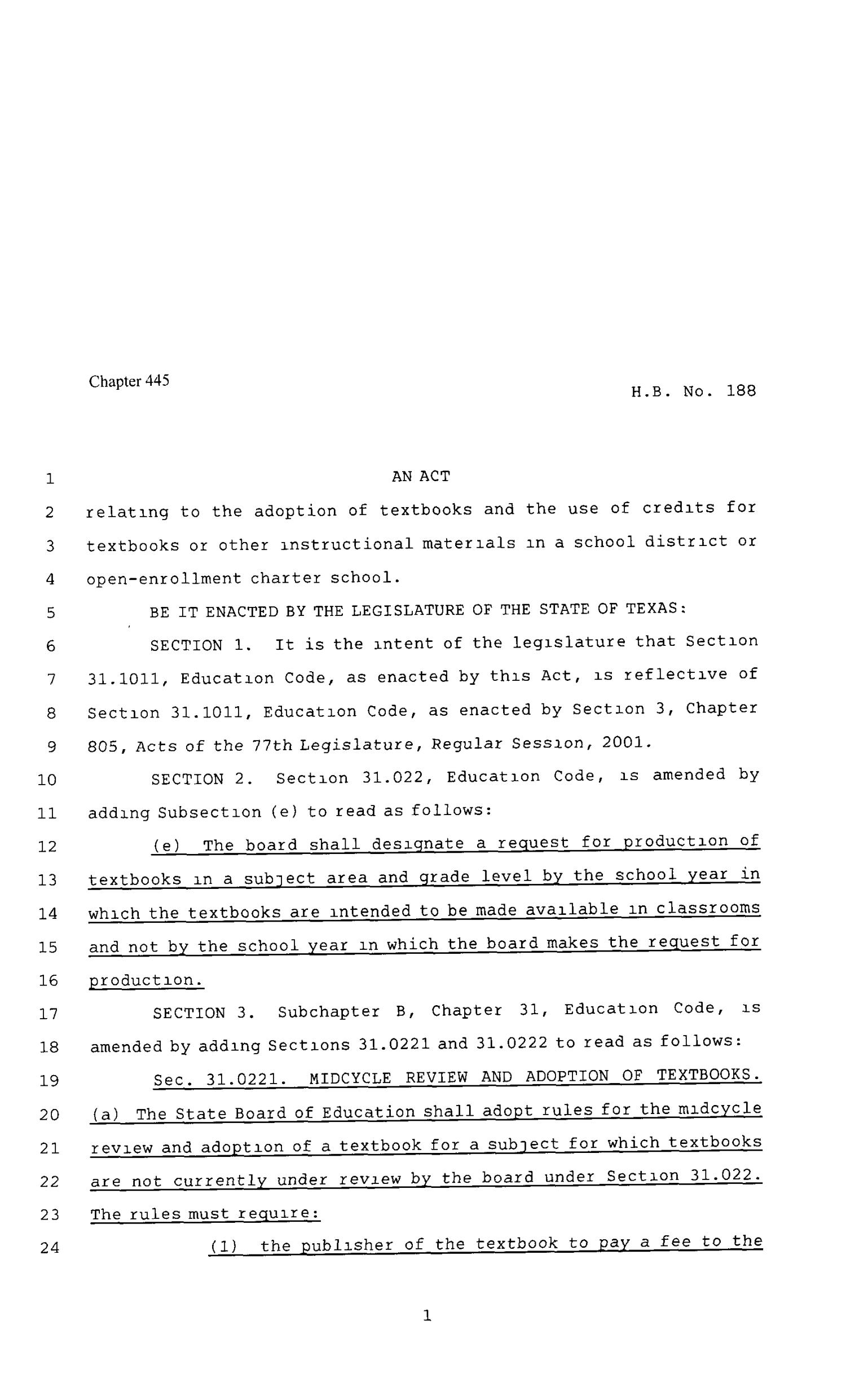 80th Texas Legislature, Regular Session, House Bill 188, Chapter 445
                                                
                                                    [Sequence #]: 1 of 9
                                                